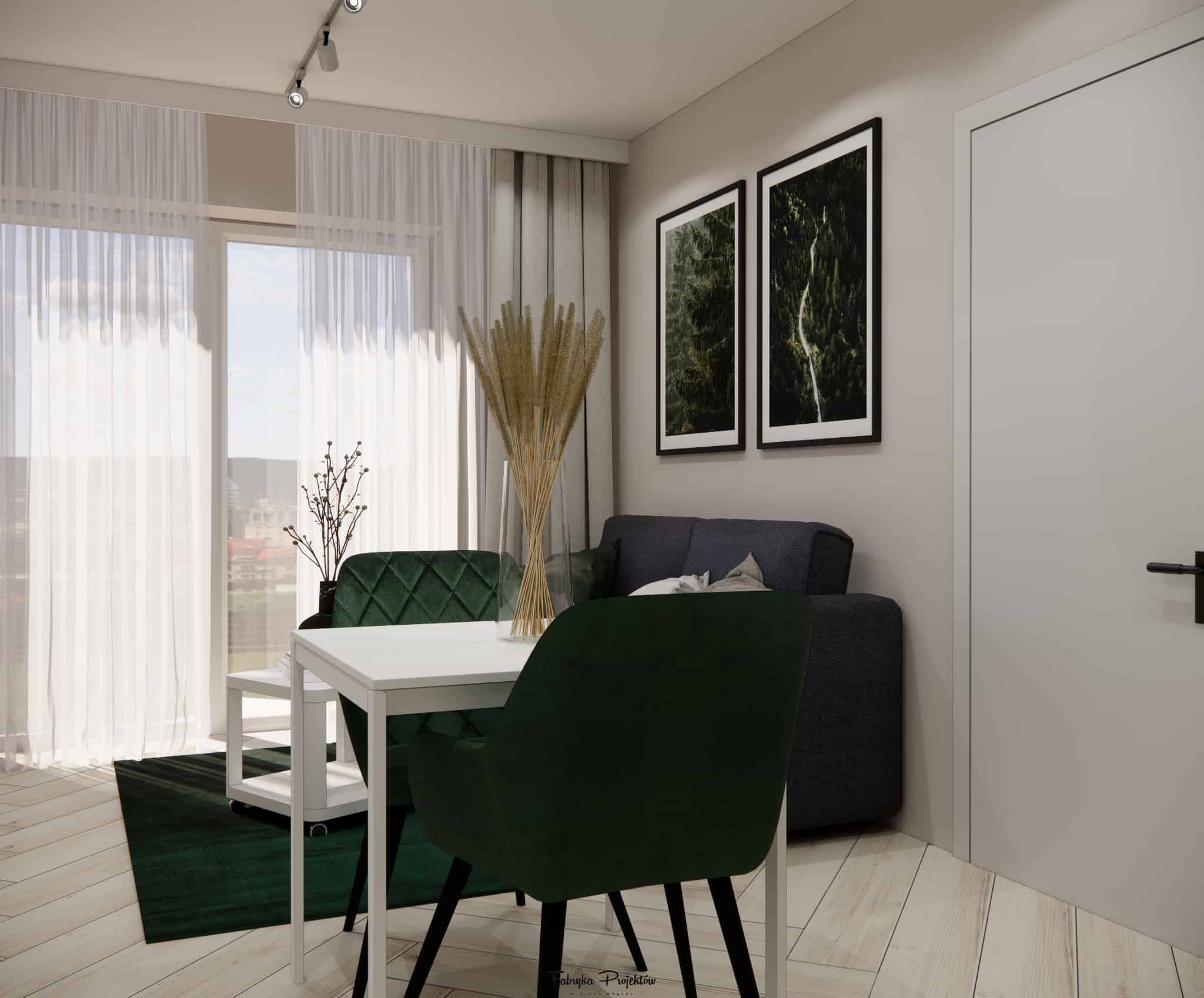 Dining area in a 15m2 living room with a white table, green chairs and large window with curtains
