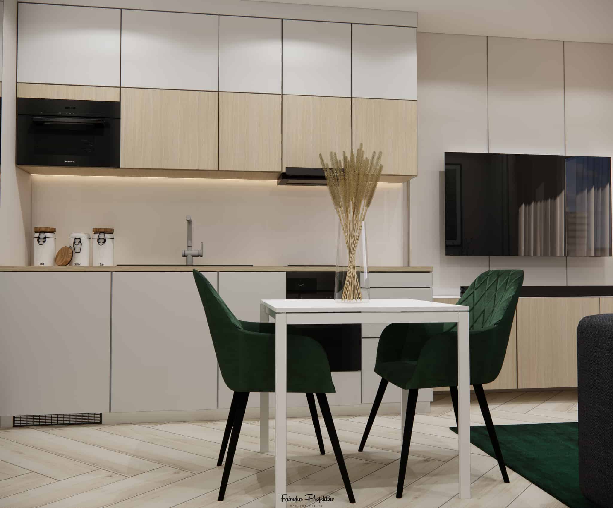 Modern 15m2 living room with a kitchenette in new construction – bright and functional interior