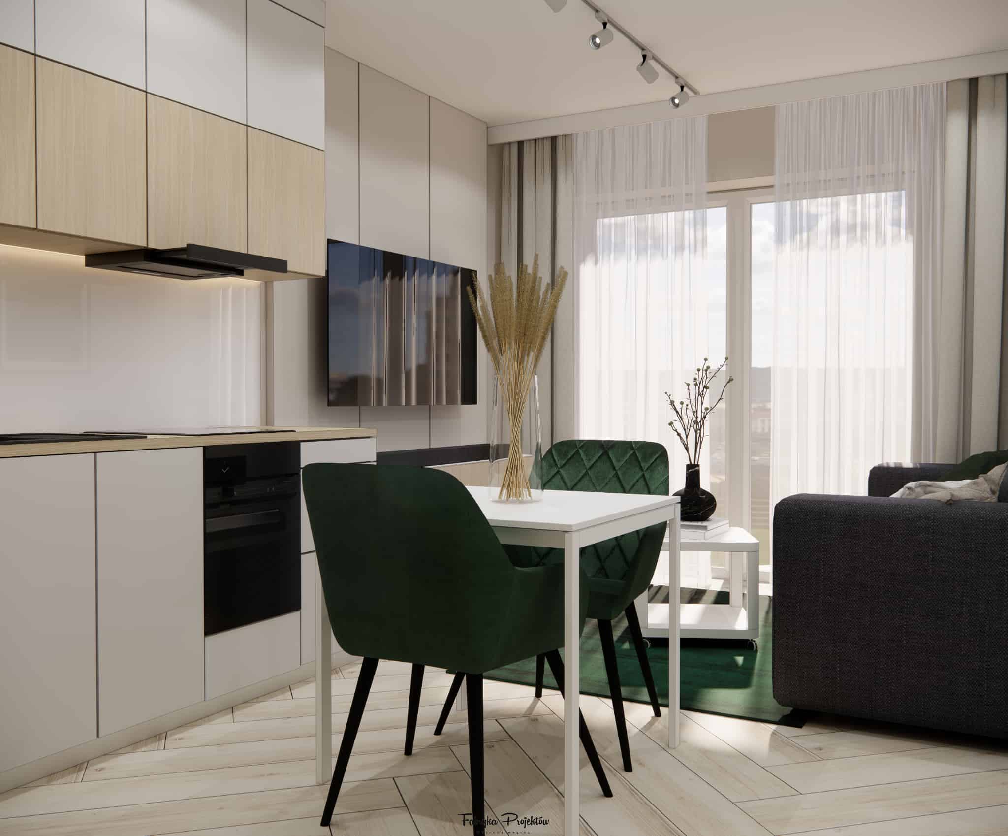 Modern 15m2 living room with a kitchenette in light colours, with wood, a white table and green chairs