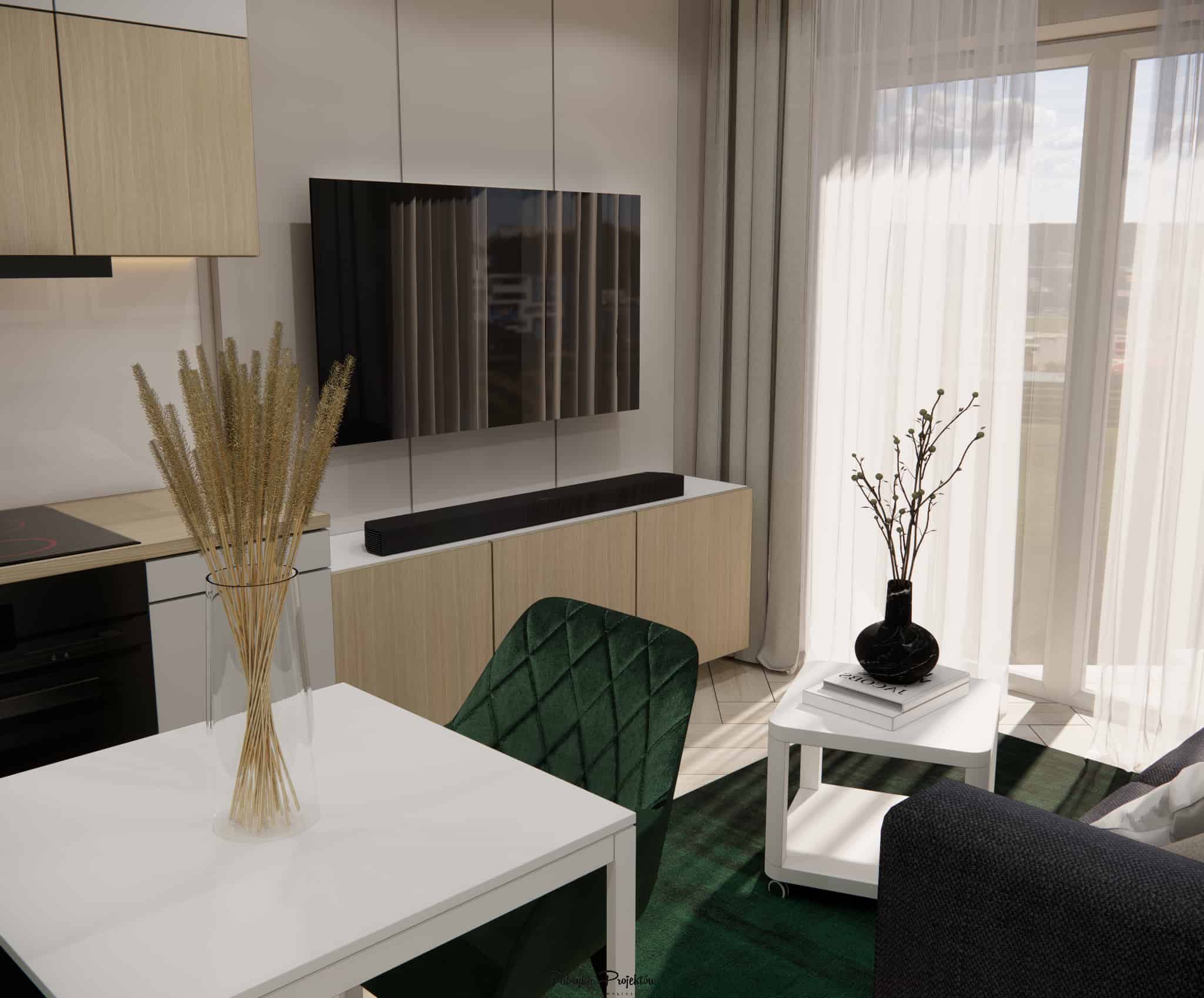 Living area in a 15m2 living room with a graphite sofa, white coffee table and light TV cabinetry