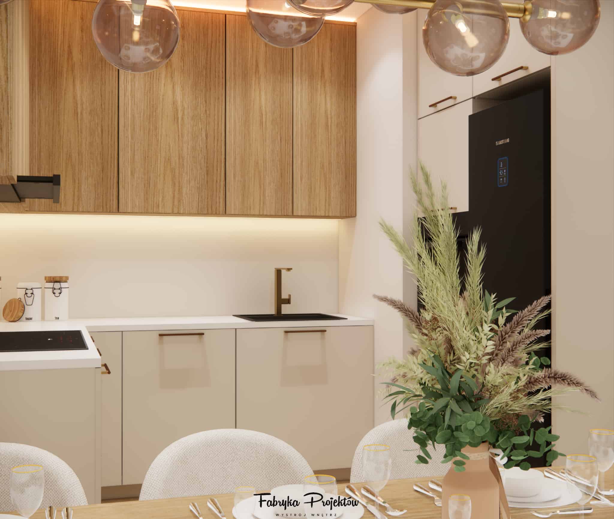 Kitchen in cashmere and wood with a black sink, gold tap and LED lighting under the cabinets.