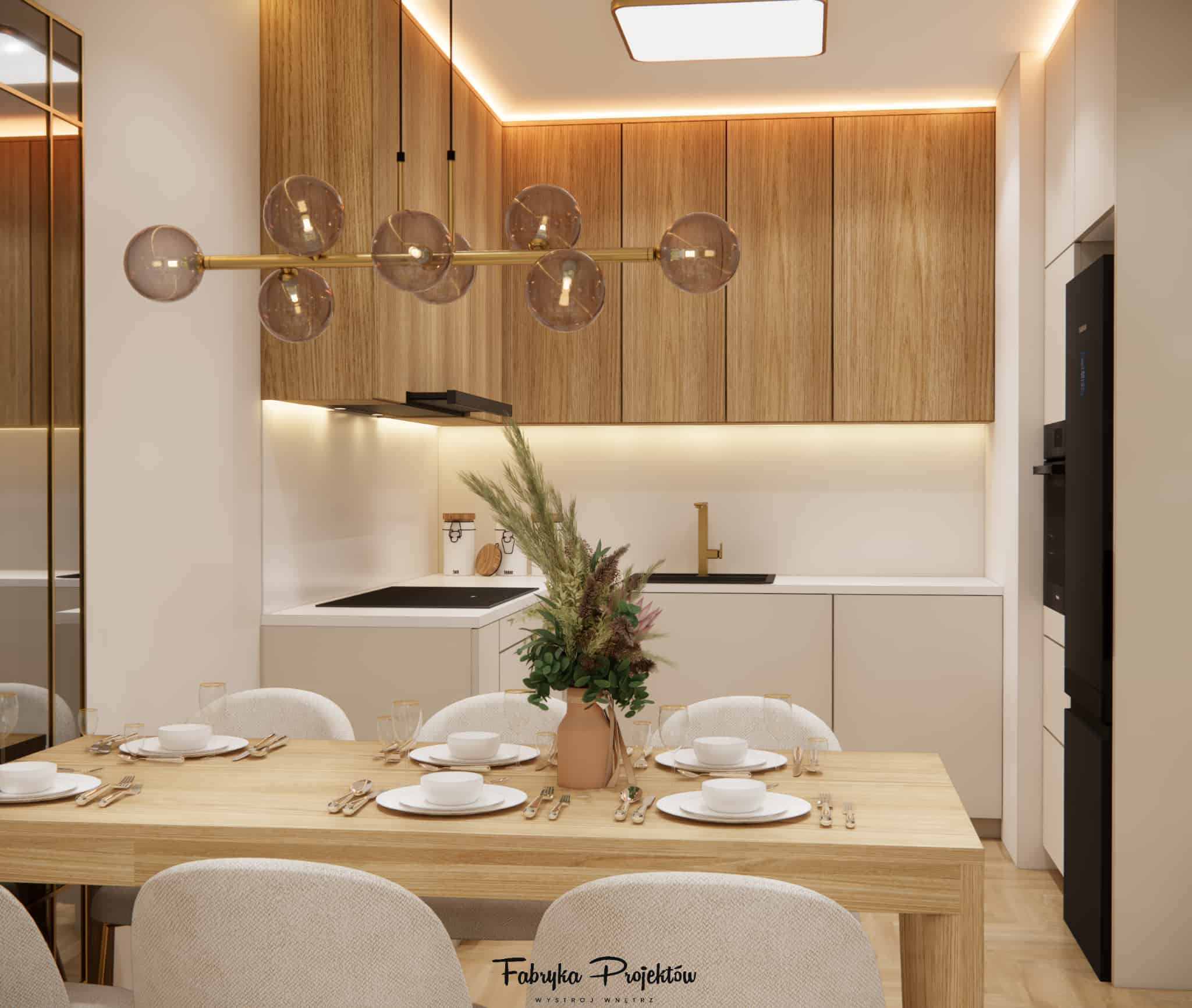Dining area with a wooden table, glass pendant light with gold finish and kitchen with cashmere fronts.