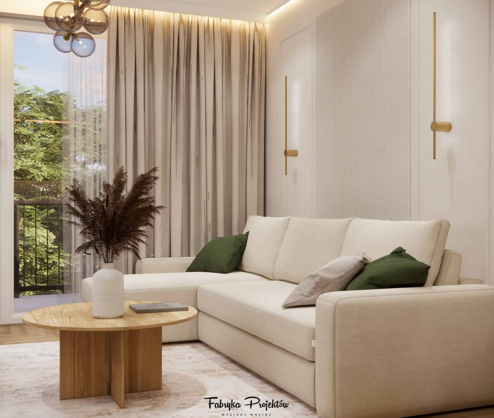 Living room with a beige corner sofa, gold wall lights, beige curtains and delicate LED lighting by the ceiling.