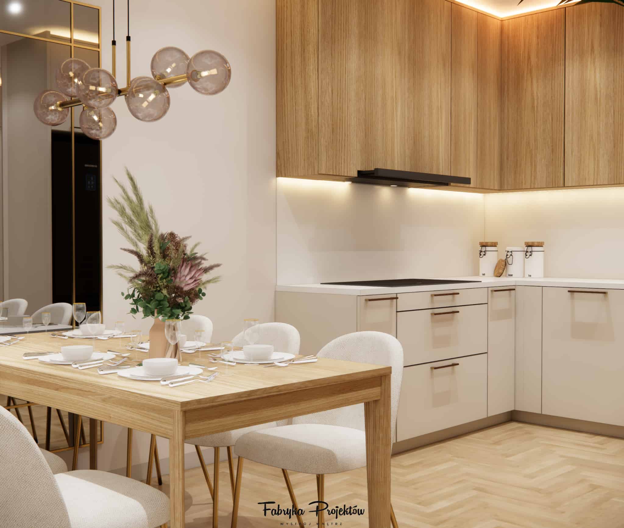 Modern kitchen in cashmere and veneer with LED lighting and a dining area with a wooden table and beige chairs.