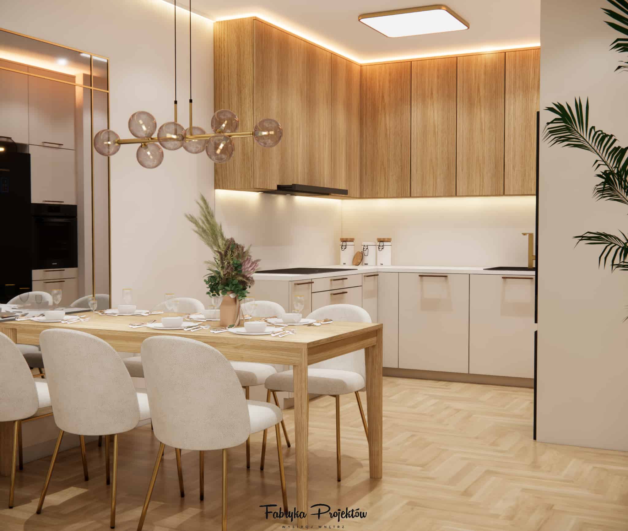 U-shaped kitchen with wooden cabinets, cashmere fronts, connected with a bright dining area.