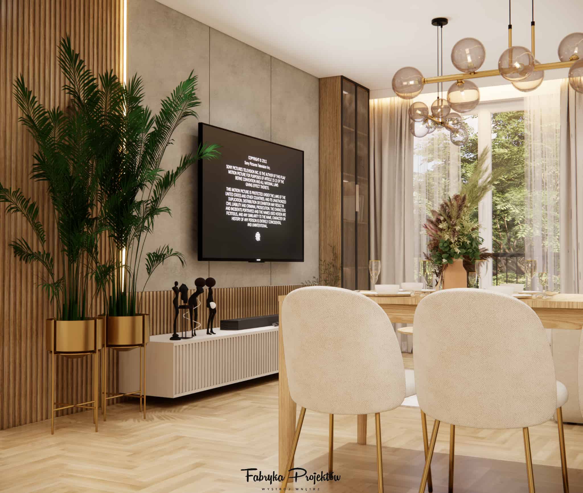 Design of a modern living room with kitchenette 28m2.