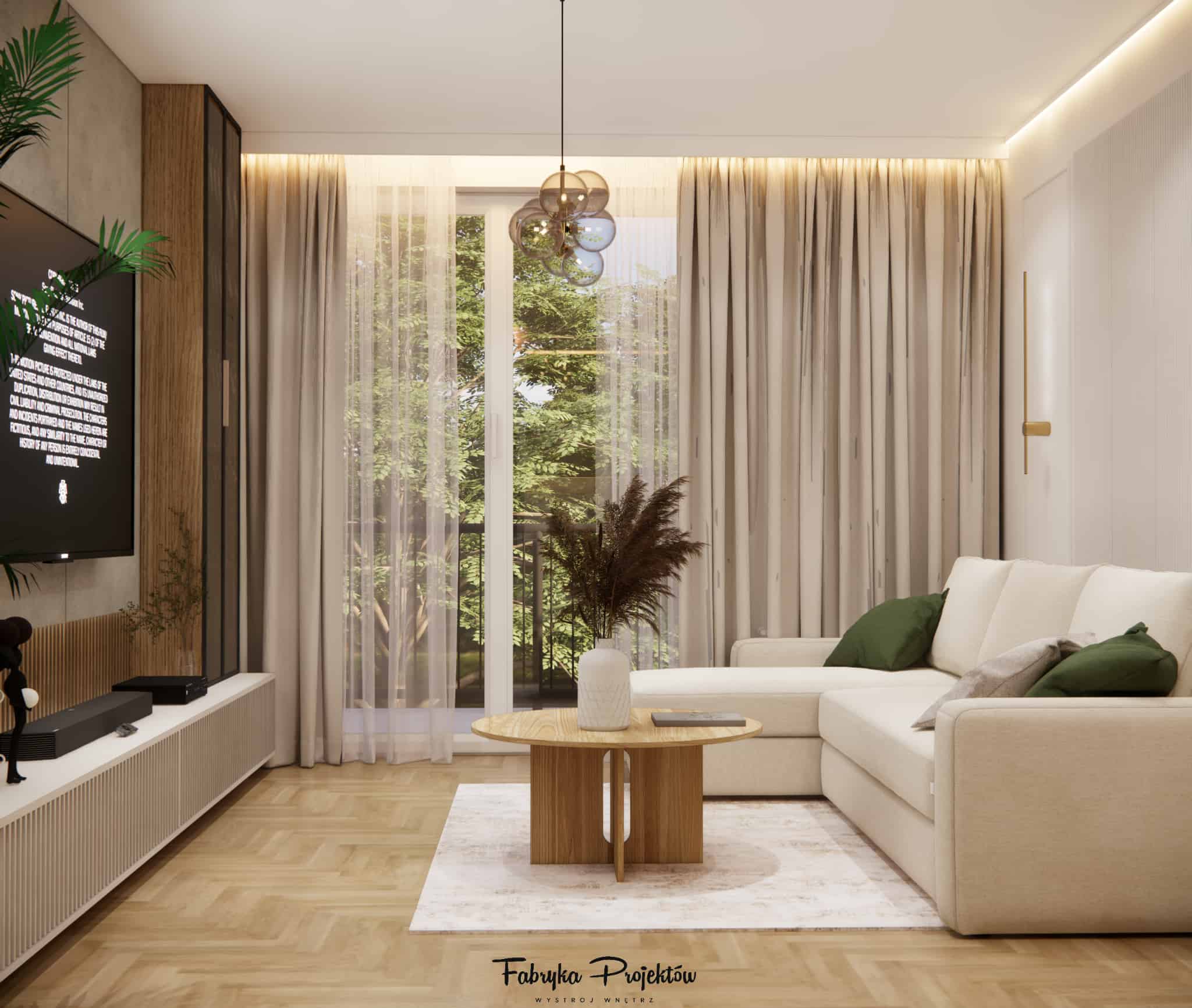 Modern living room with a beige corner sofa, TV wall with slats and LED panels and large windows with curtains.