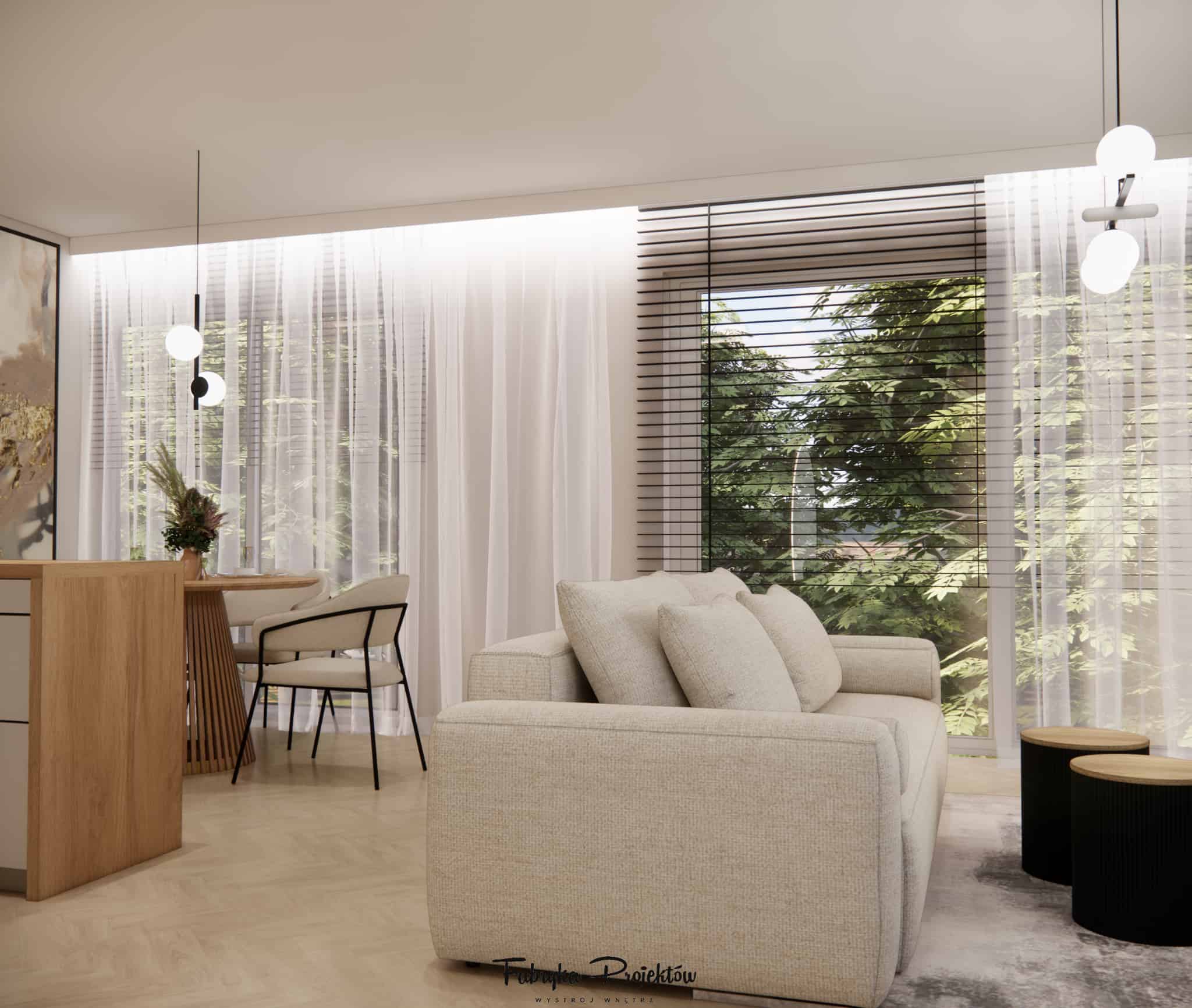 Living area with beige sofa, large glazing and blinds, creating a bright and cosy interior.