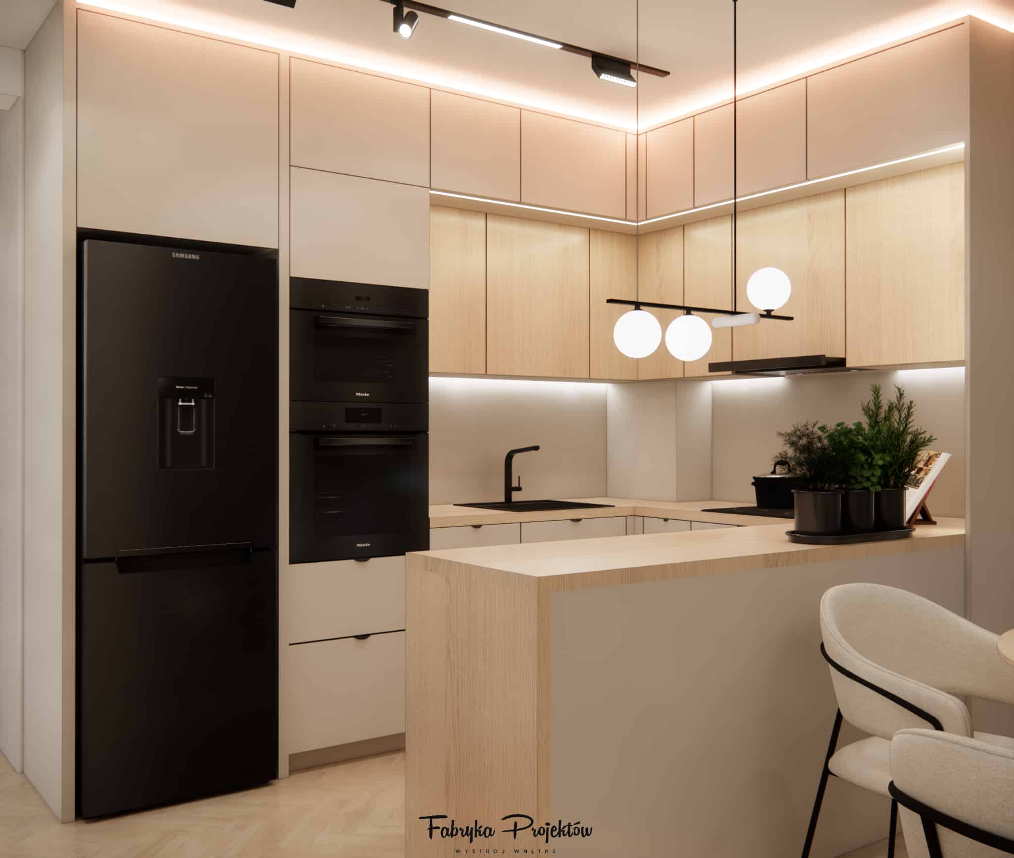 U-shaped kitchen with cashmere fronts, wood-effect cabinets and black appliances with LED lighting.
