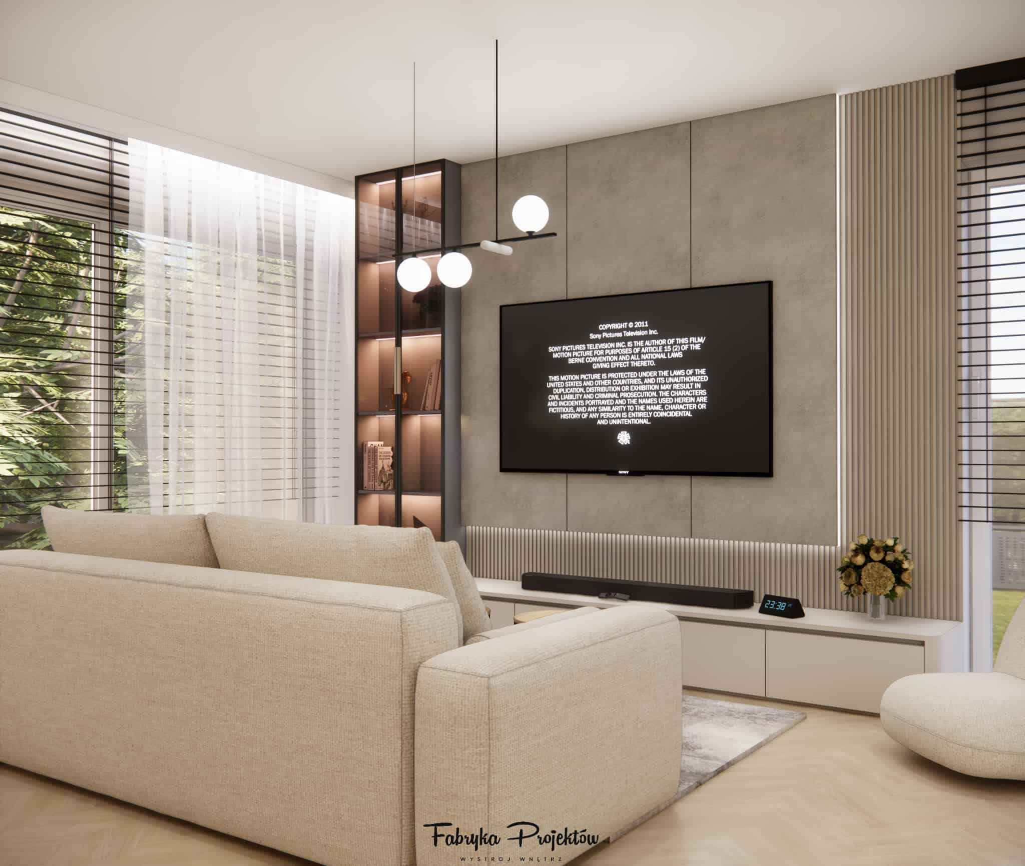 TV wall with concrete-effect plasterboard, slats and LED lighting, with an anthracite display cabinet and beige sofa.