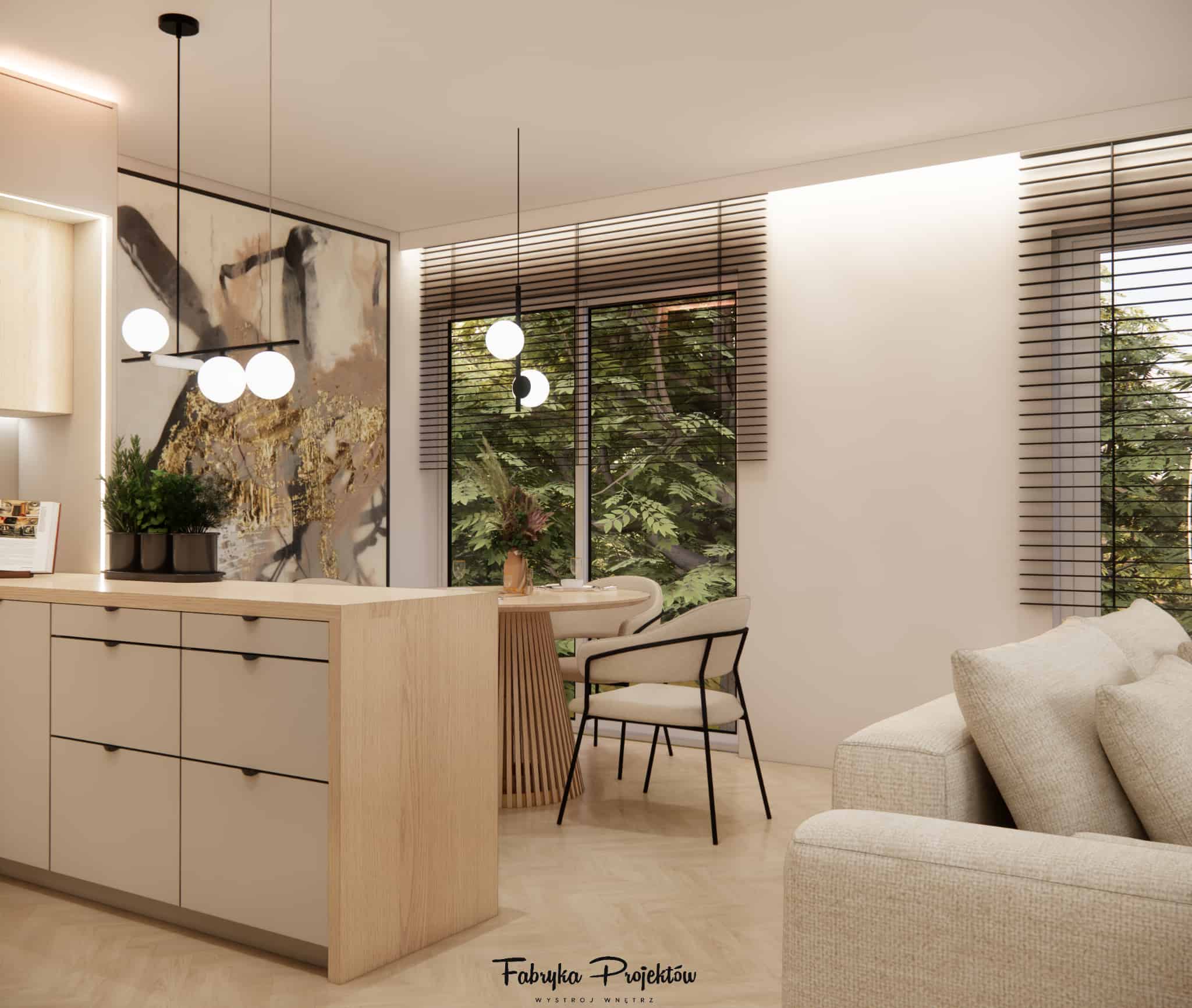 Modern living room with kitchenette and dining area in beiges and wood, with black accents and large windows with blinds.