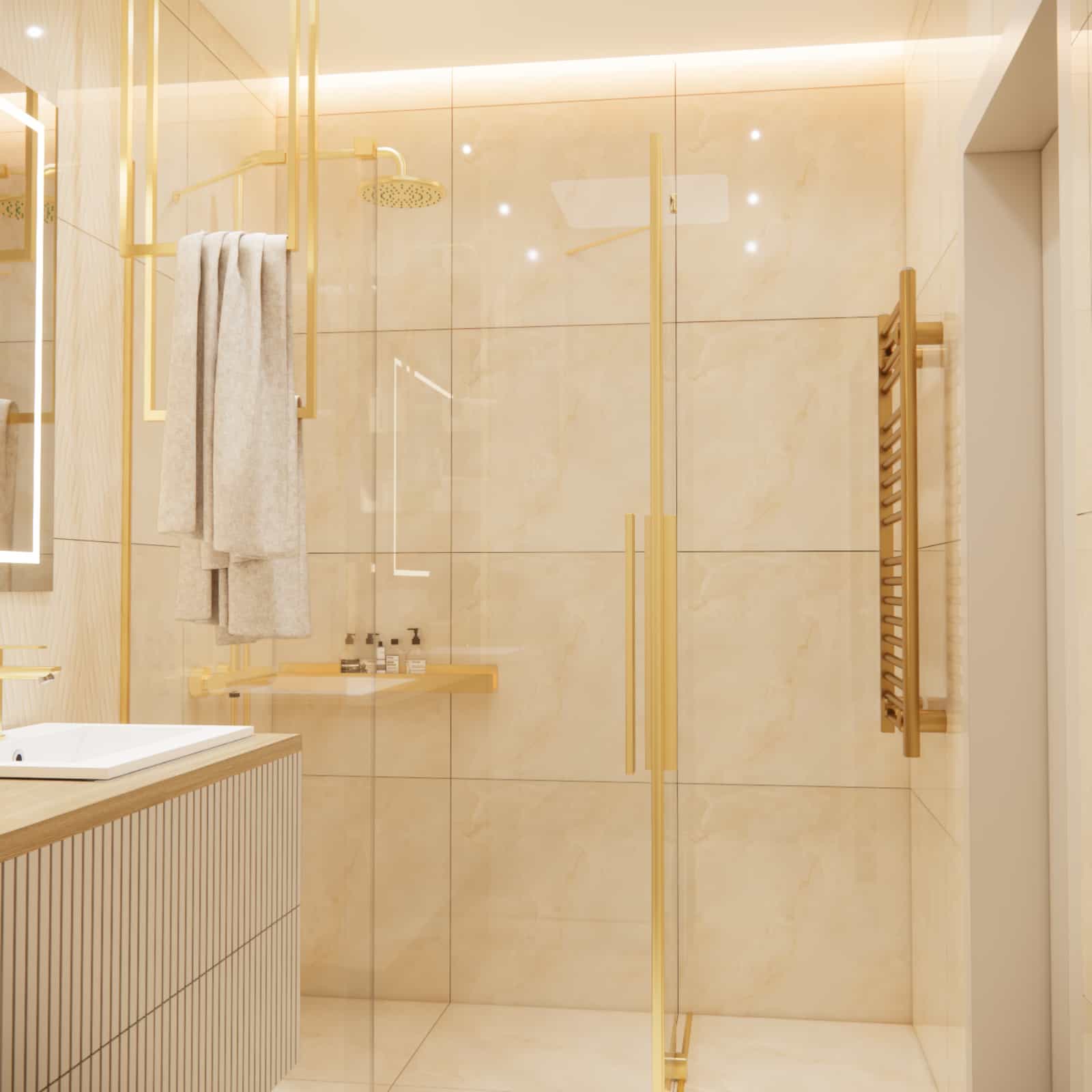 Prysznic walk-in w beżowej łazience – szklana kabina, złota armatura i eleganckie wykończenie wnętrza