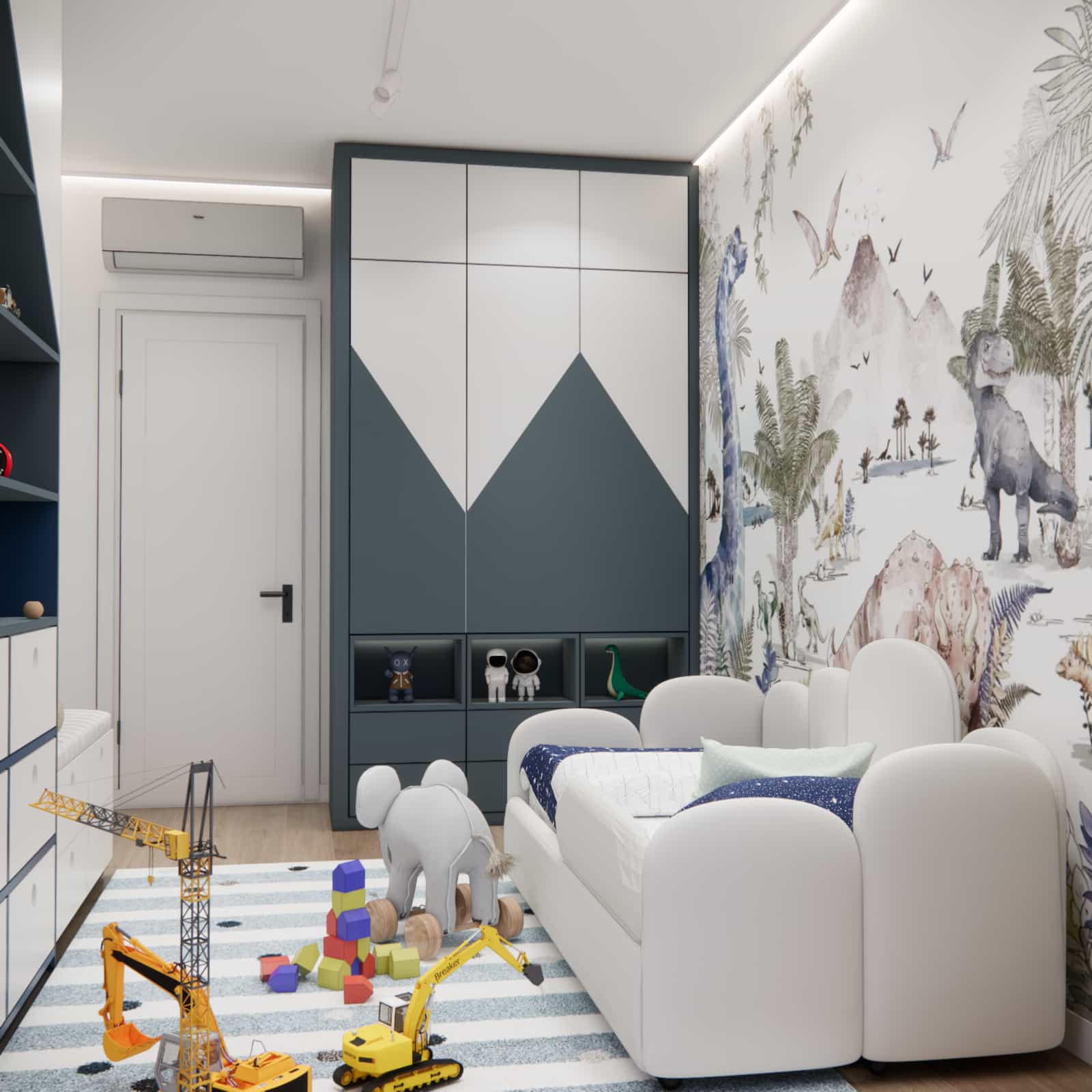 Children’s room interior arrangement 10m2 – dinosaur wallpaper, house-shaped furniture and upholstered bed