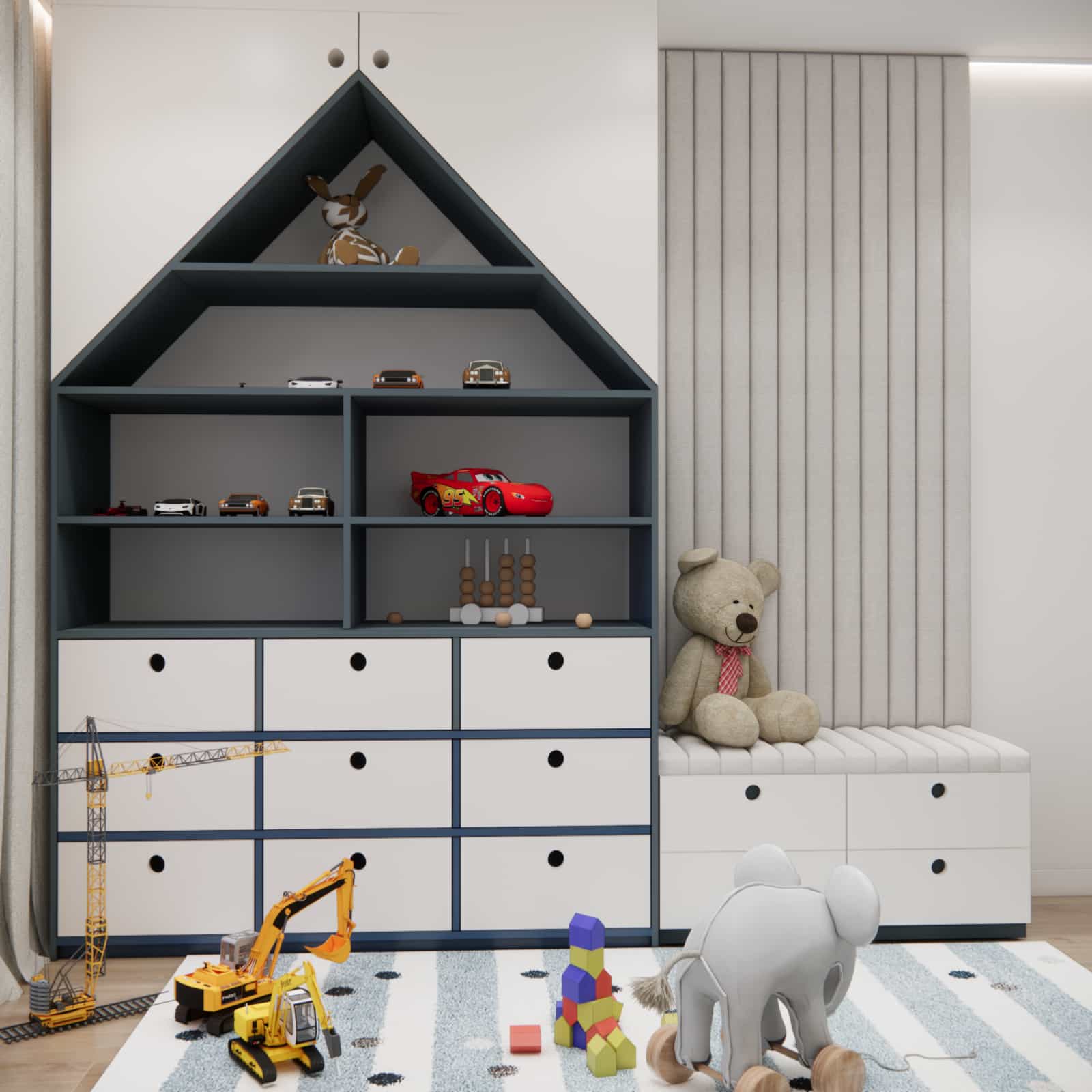 House-shaped furniture in a children’s room – functional built-in storage for toys