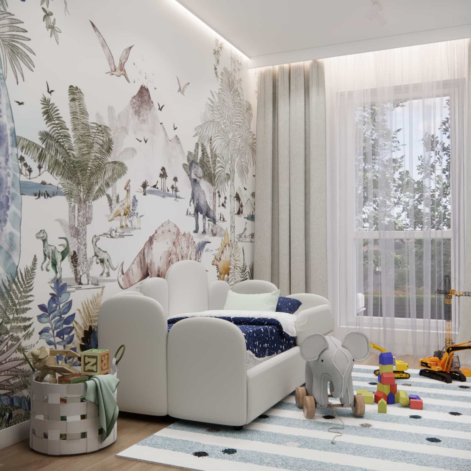 Dinosaur-themed boys room design – dinosaur wallpaper, upholstered bed and a bright interior arrangement