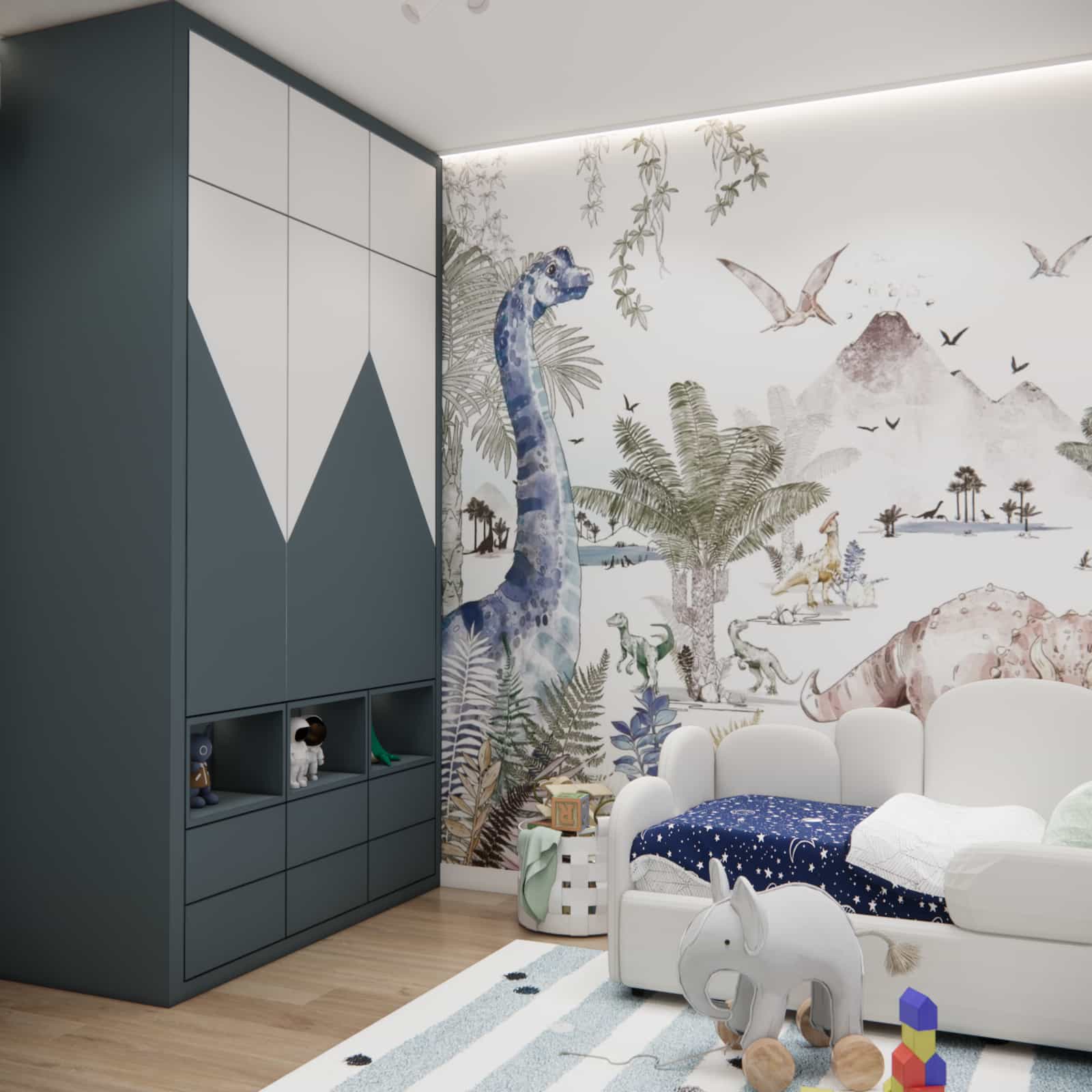 Wardrobe and storage furniture in a boy’s room – light color palette and modern interior design