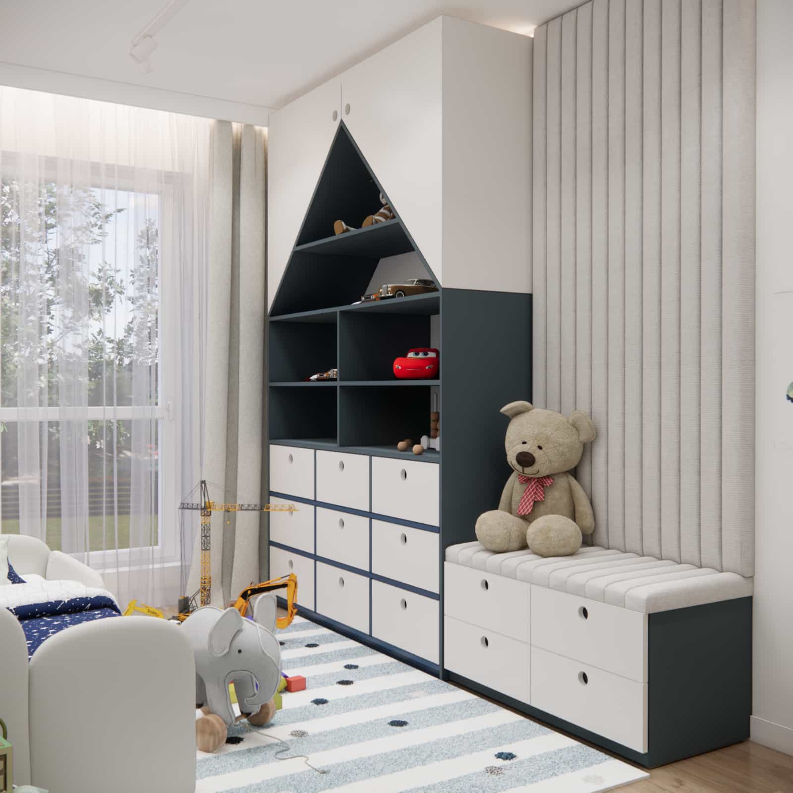 Built-in furniture with seating in a children’s room – durable materials and a calm interior arrangement