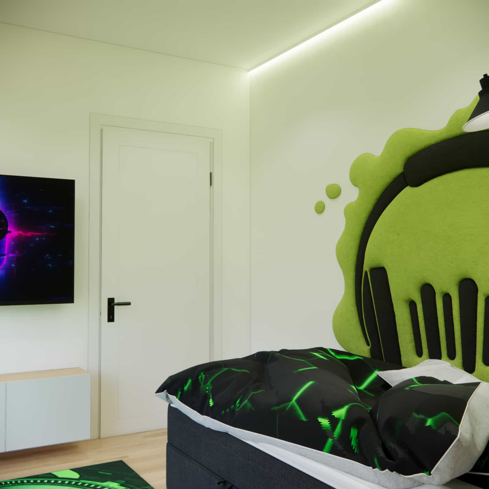 strefa gamingowa w pokoju dziecka telewizor konsola playstation ściana z lamelami aranżacja wnętrza