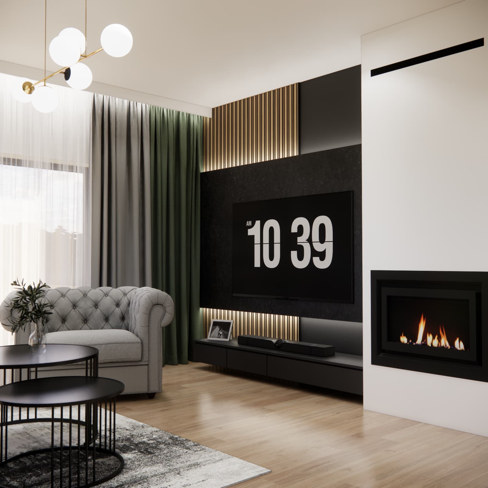 nowoczesna ściana tv z kominkiem w salonie 40m2