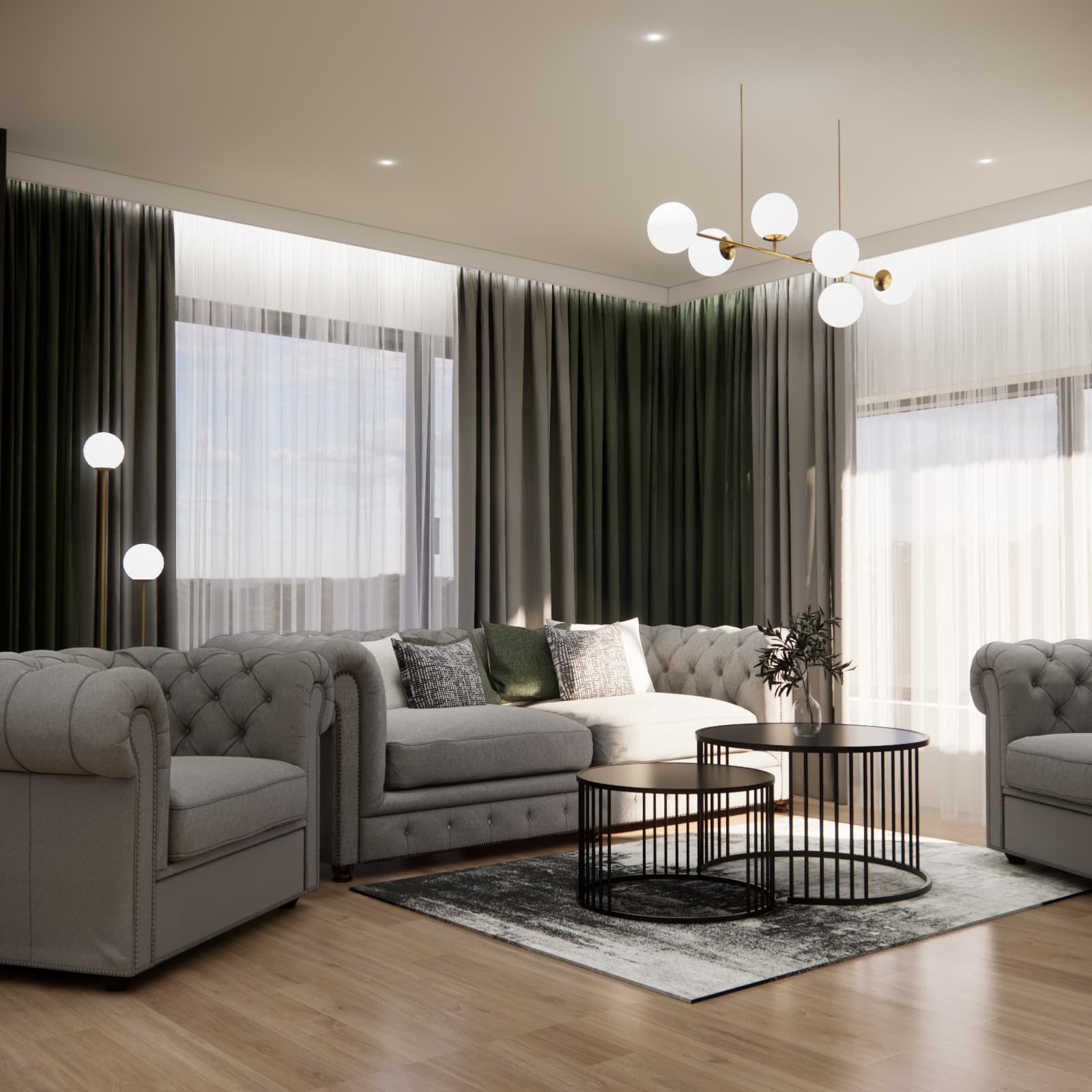 nowoczesny salon z butelkową zielenią i designerskim oświetleniem z szarymi sofami chesterfield
