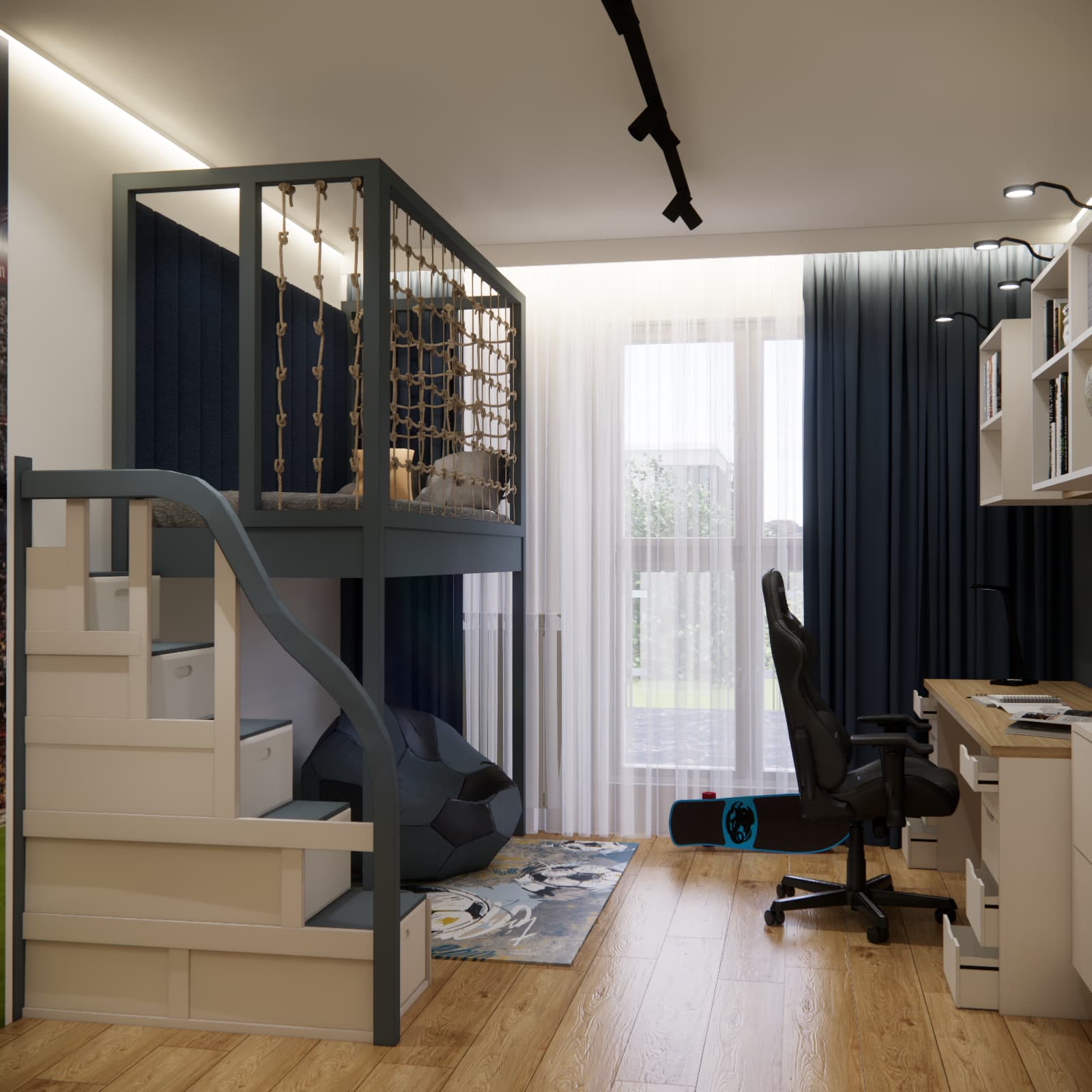 14 m² room for a 9-year-old boy with a loft bed, study desk and play area