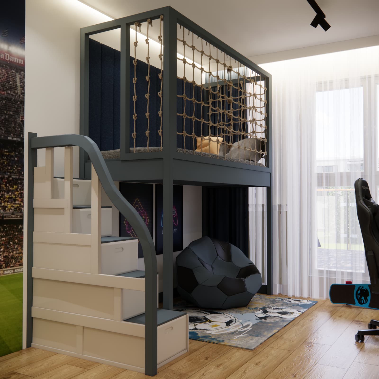 Loft bed with rope net and storage stairs in a 9-year-old boy's room