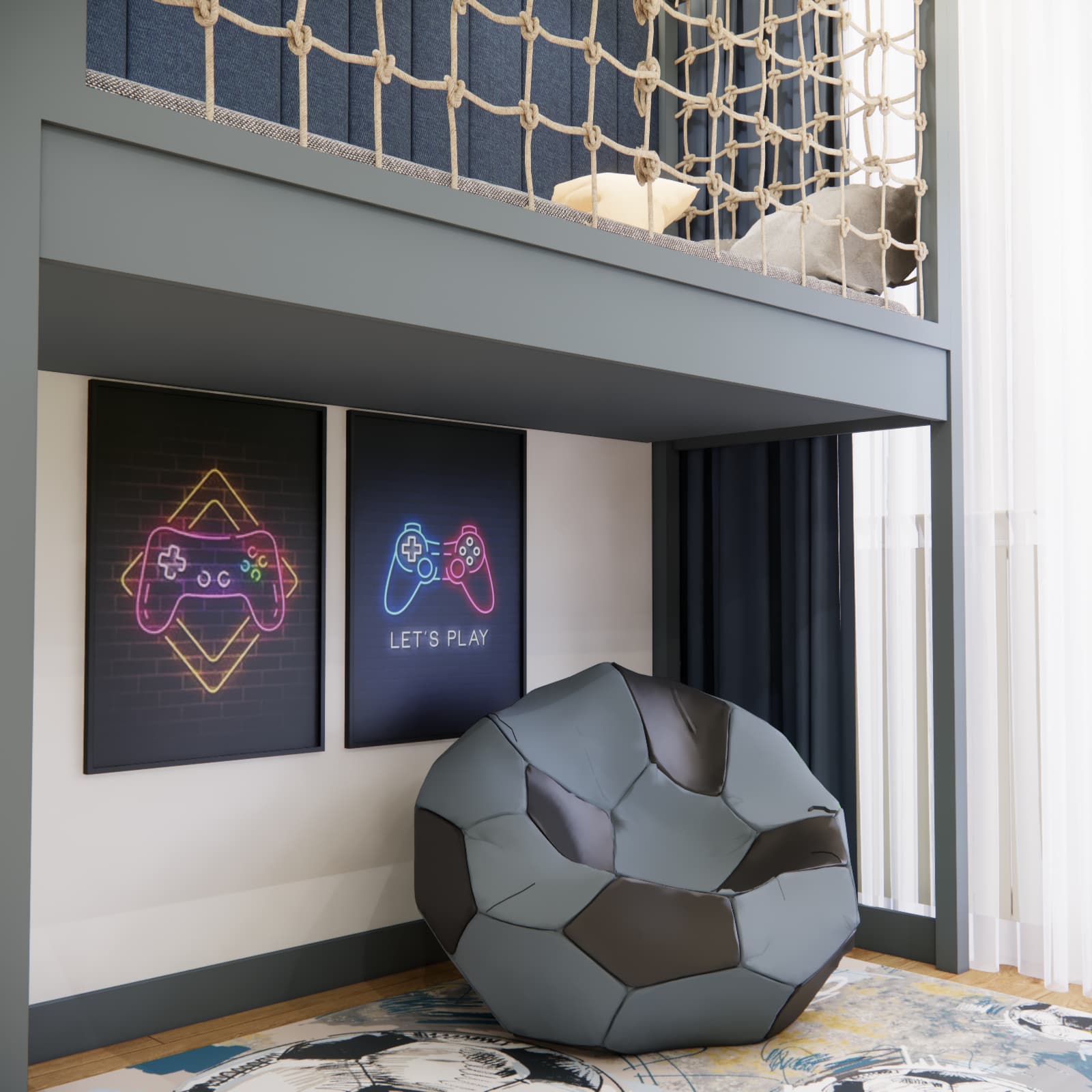 Relaxation corner under a loft bed with a football-shaped bean bag chair