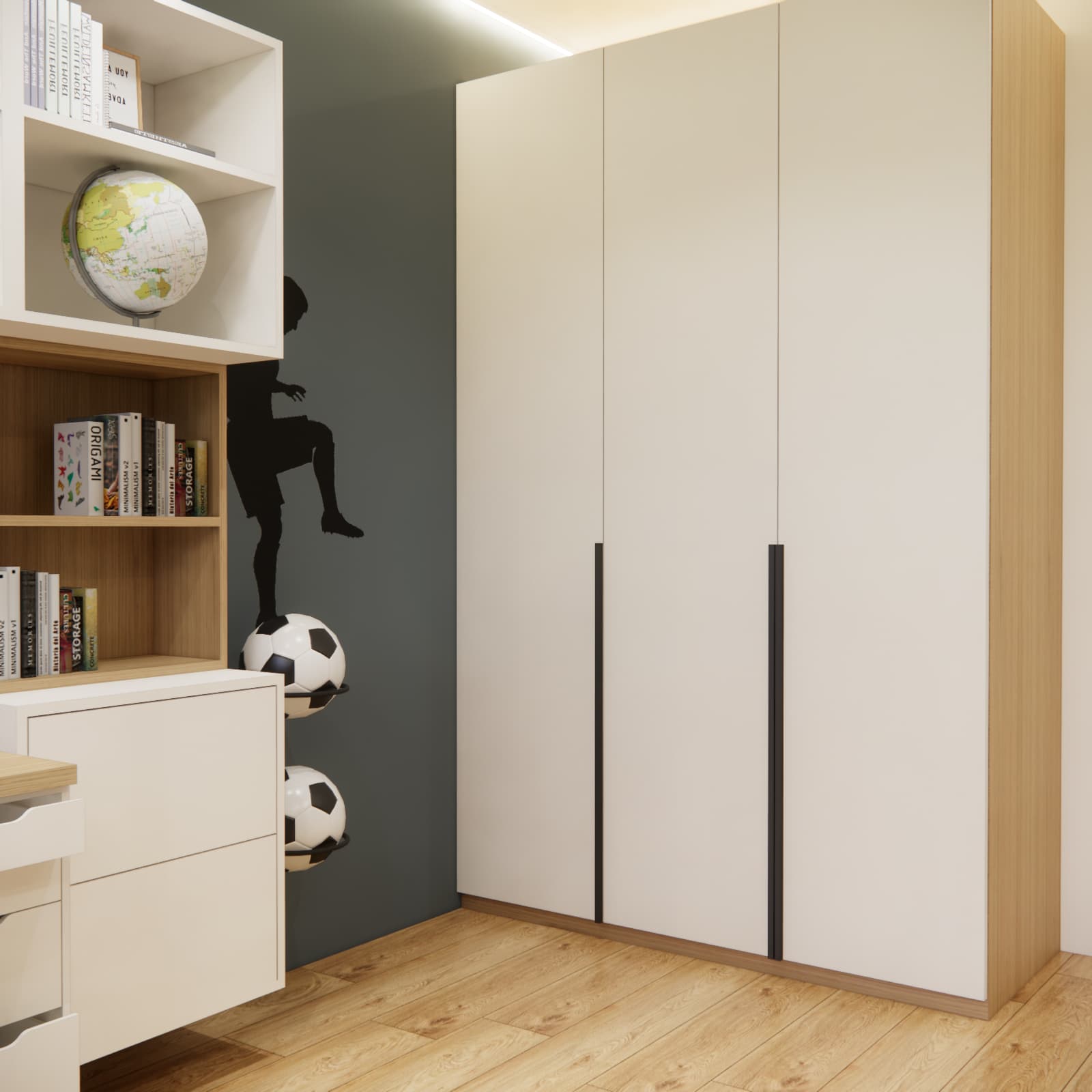 Spacious wardrobe in a 9-year-old boy's room with white fronts and wood-effect finish