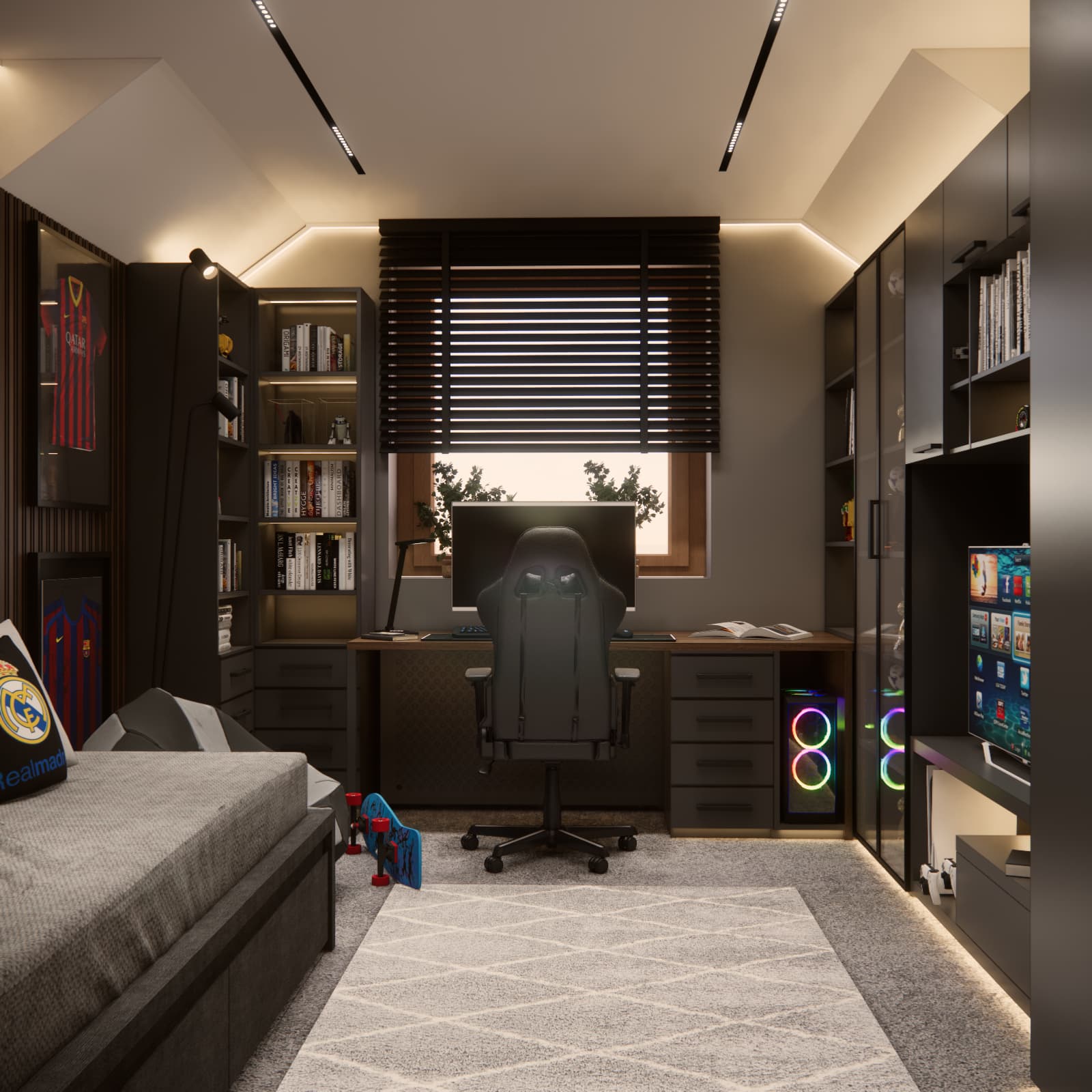 11-year-old boy’s room with a bed, gaming desk and television