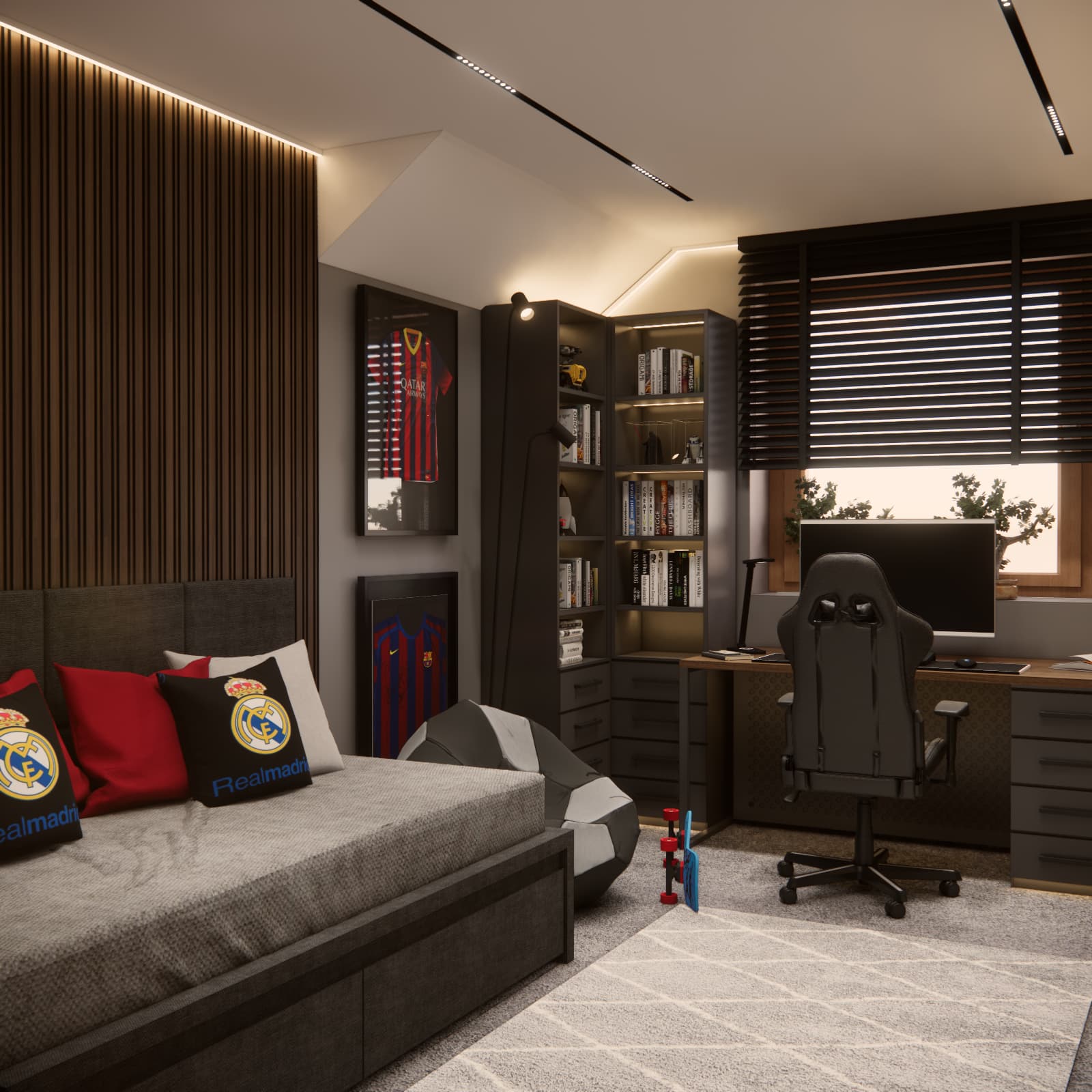 11-year-old boy’s room with a football theme, bed, desk and sports decorations
