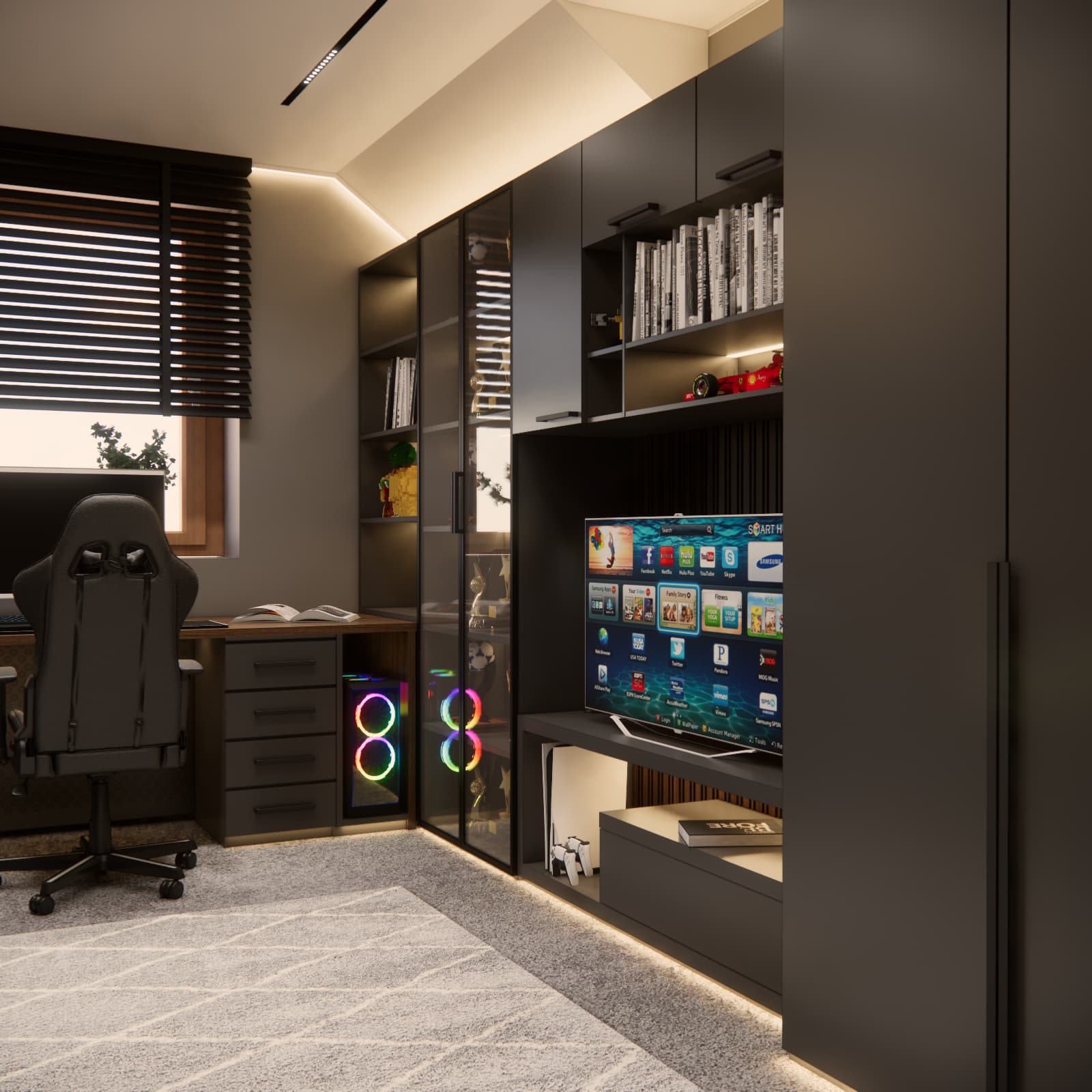 13 m² boy’s room design with built-in furniture, TV and shelving