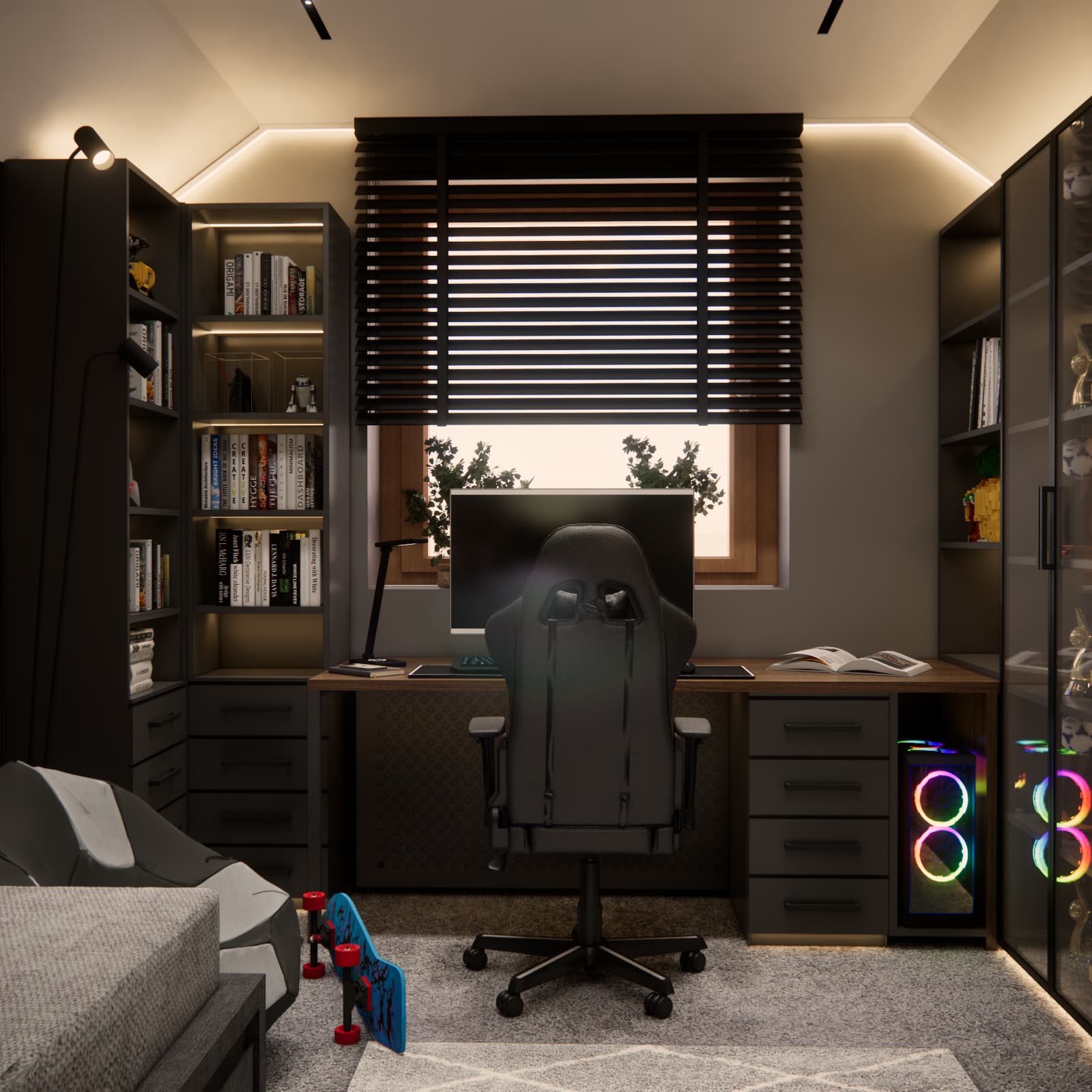 13 m² room design for an 11-year-old boy with a gaming desk under the window and built-in furniture