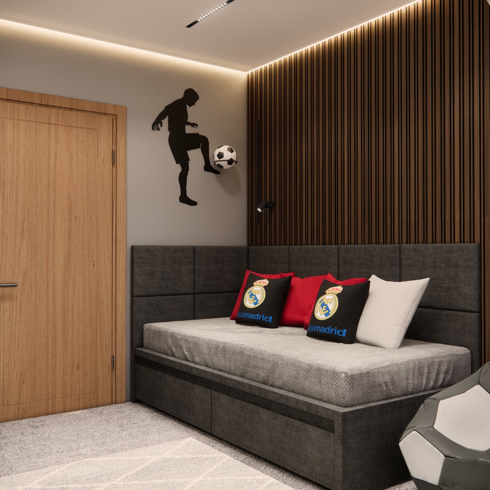 Bed in an 11-year-old boy’s room with wooden slats and football-themed decorations