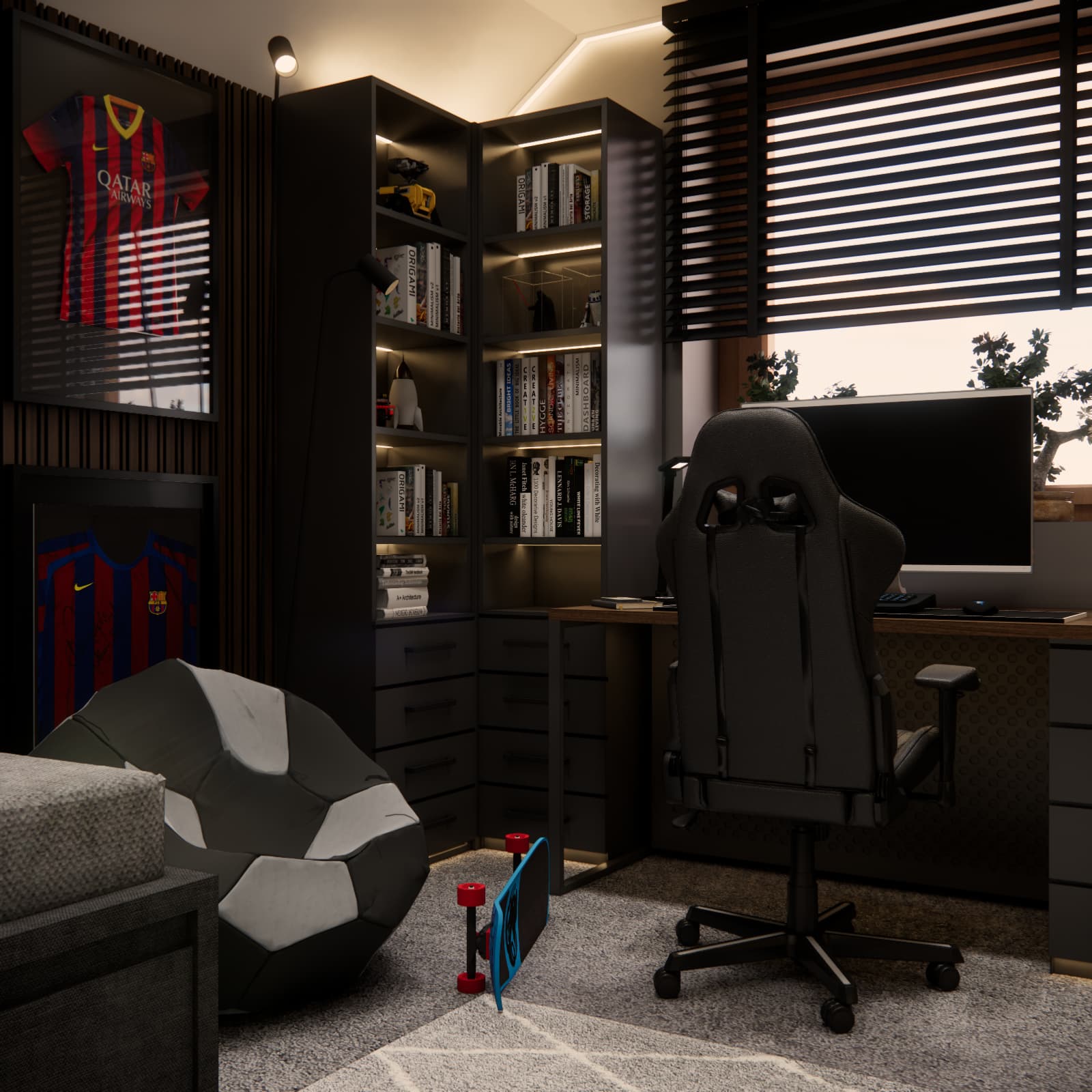 Room for an 11-year-old boy with a desk, shelving units and football-themed decorations