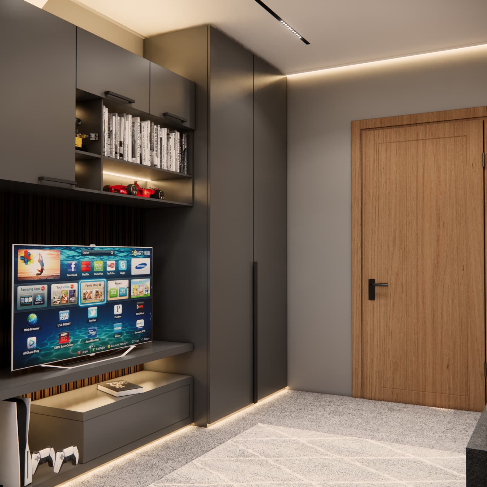 Nowoczesna zabudowa z telewizorem i szafą w pokoju chłopca 13 m²