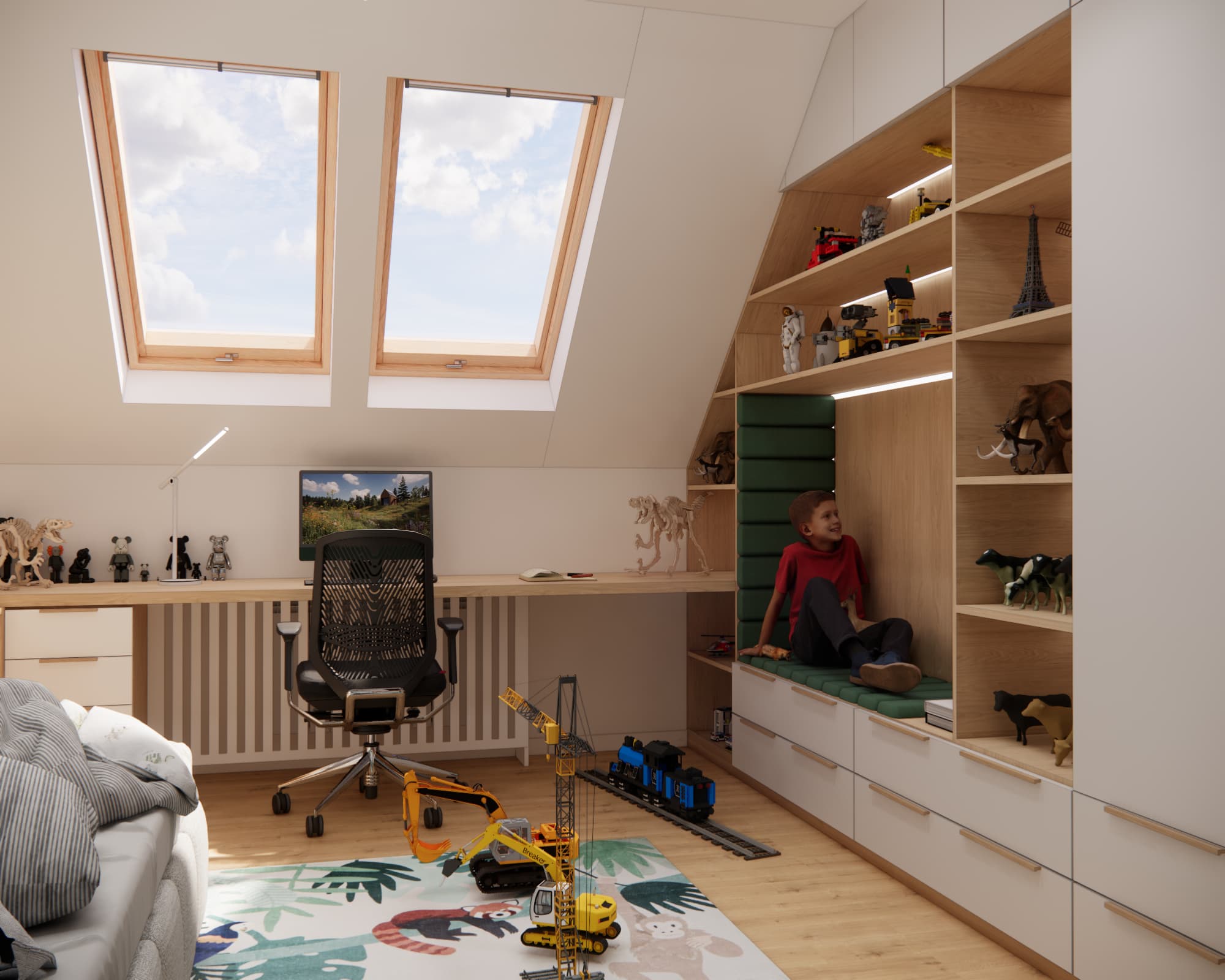 14 m² children's attic room with a long desk under roof windows and an open play area