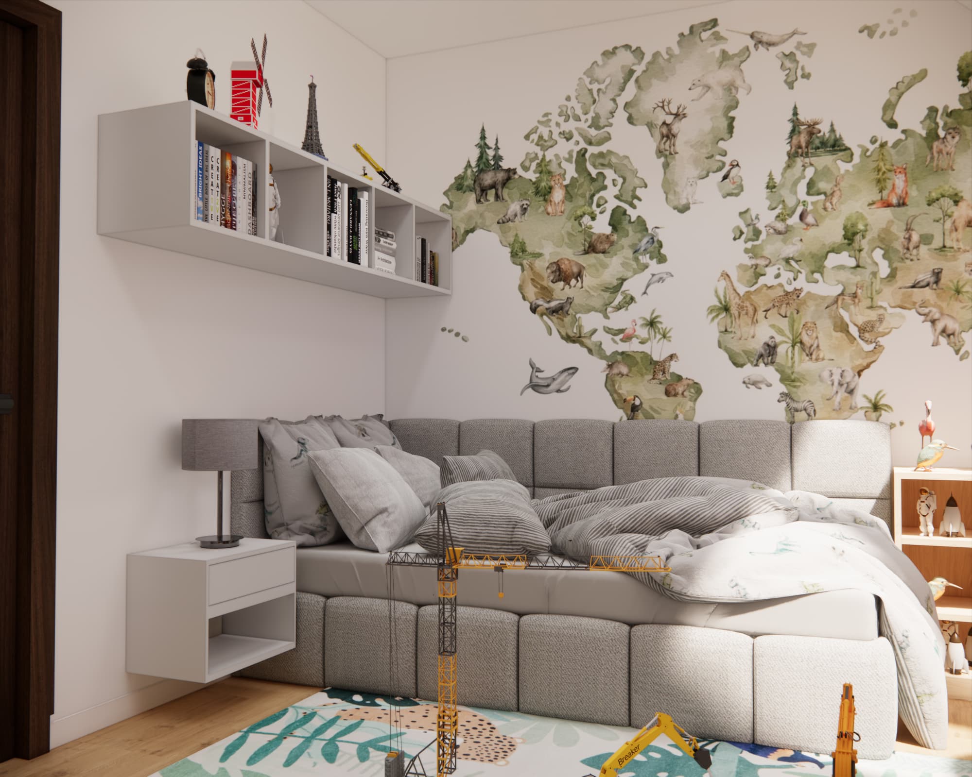 Sleeping area in an 8-year-old boy's room with an upholstered bed and animal world map