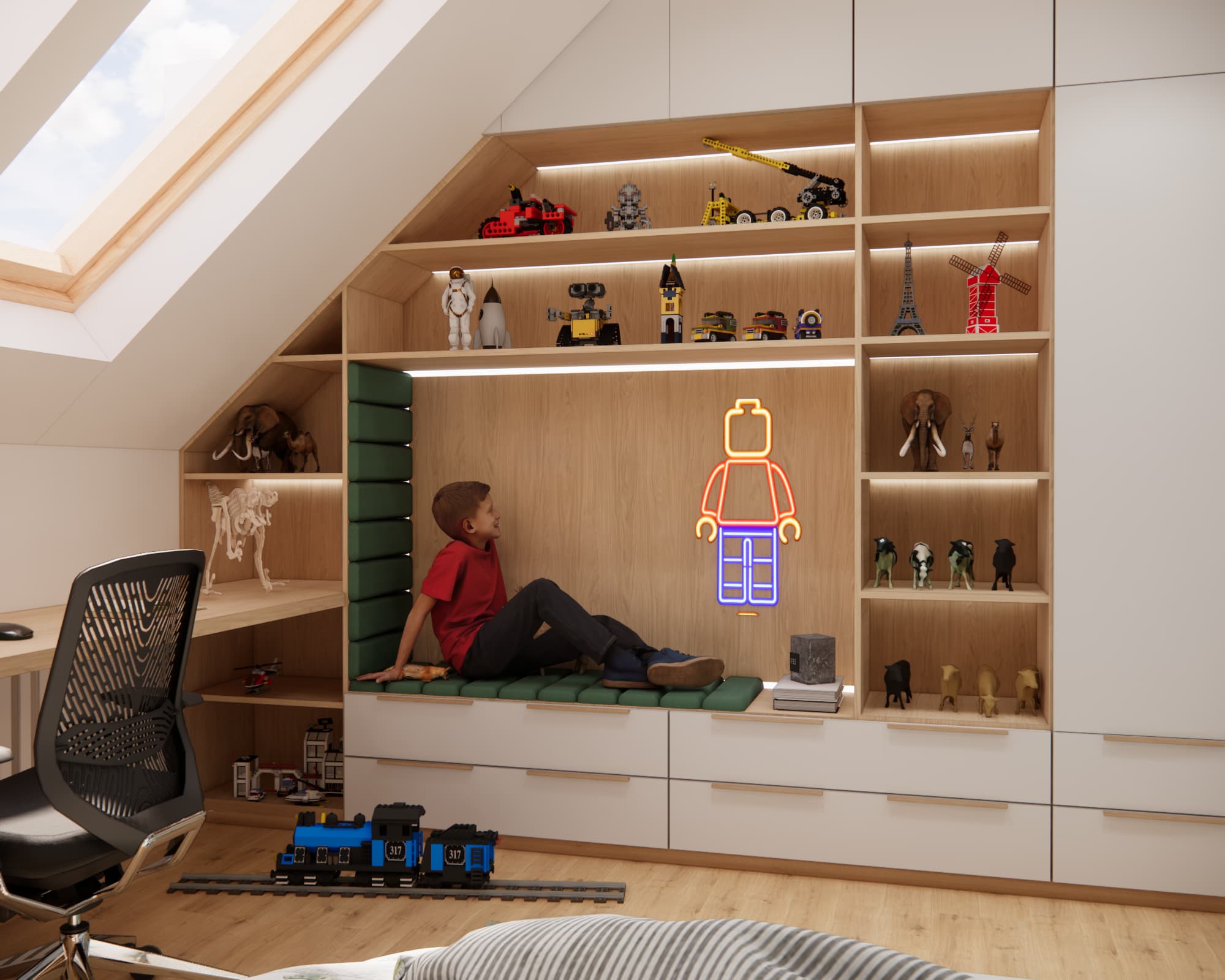 Pokój dla 8-latka na poddaszu z zabudową pod skosem, półkami na LEGO i tapicerowanym siedziskiem