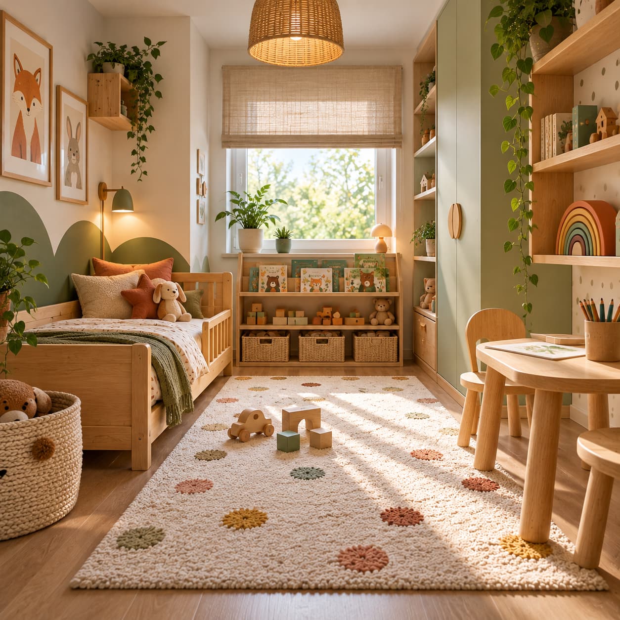 Mały pokój Montessori 8 m² z łóżkiem, niskim regałem, stolikiem dziecięcym i wolną przestrzenią podłogi do zabawy.