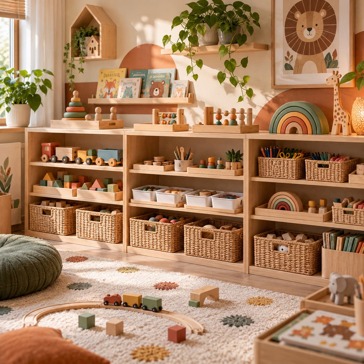 Organizacja zabawek Montessori na otwartych półkach, drewnianych tacach i w koszykach do przechowywania.