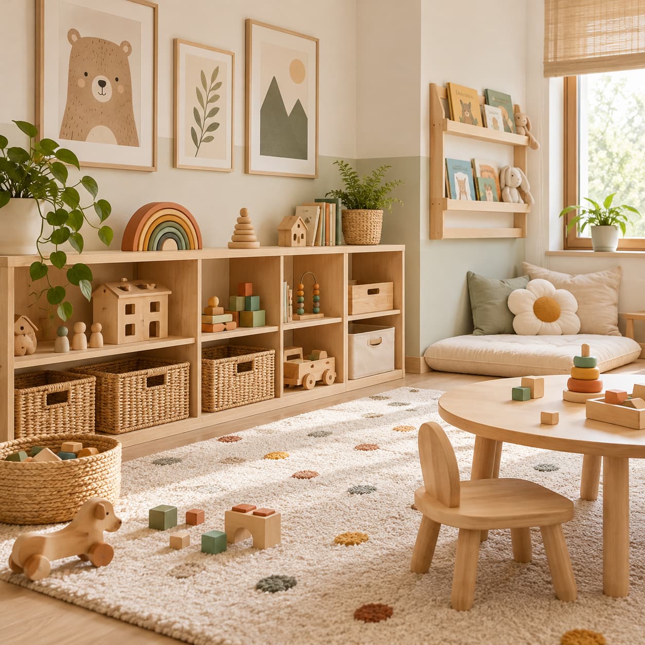 Pokój Montessori z niskim regałem na zabawki i przestrzenią do samodzielnej zabawy.