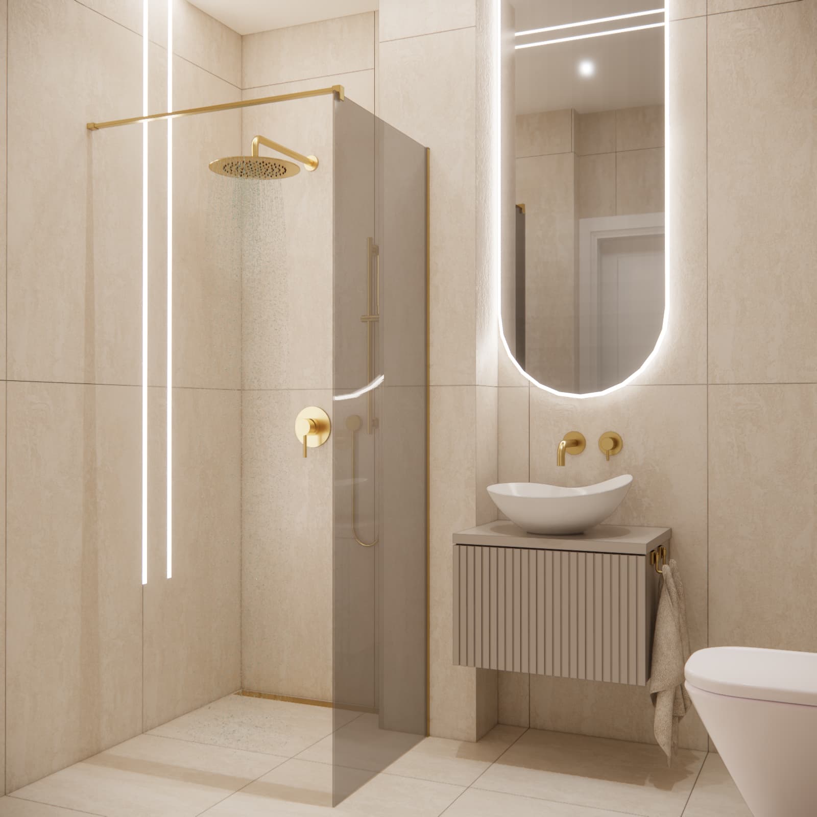 Modern 4m2 bathroom with a walk-in shower, linear hermetic LED lighting and beige wall tiles.