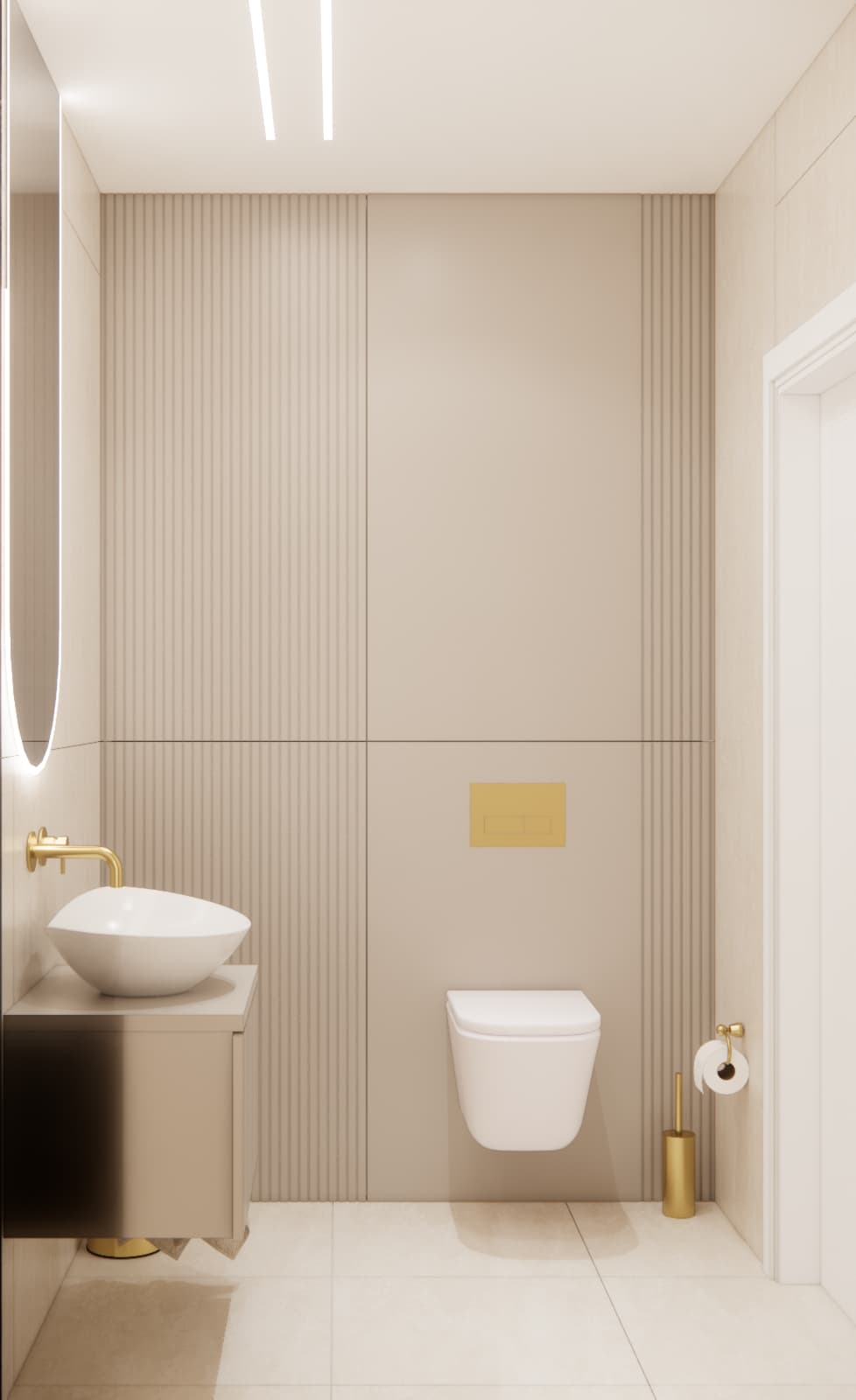 Modern 4m2 bathroom with beige tiles, fluted built-in cabinetry behind the cistern and a floating washbasin with gold tapware.