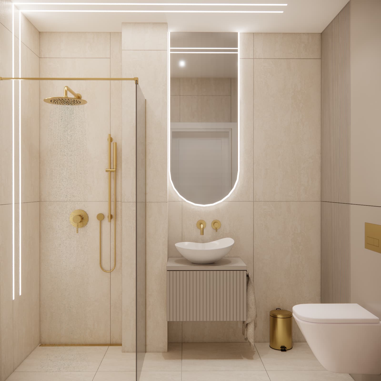 4m2 bathroom with a walk-in shower, gold fittings, a backlit mirror and a fluted-front vanity unit.