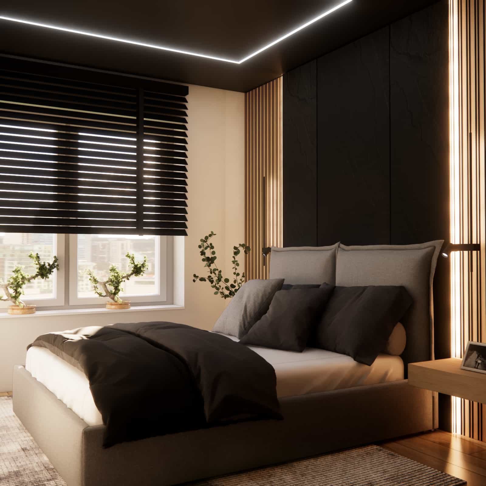 Upholstered bed by the window in a 10 sqm bedroom with blinds and LED lighting