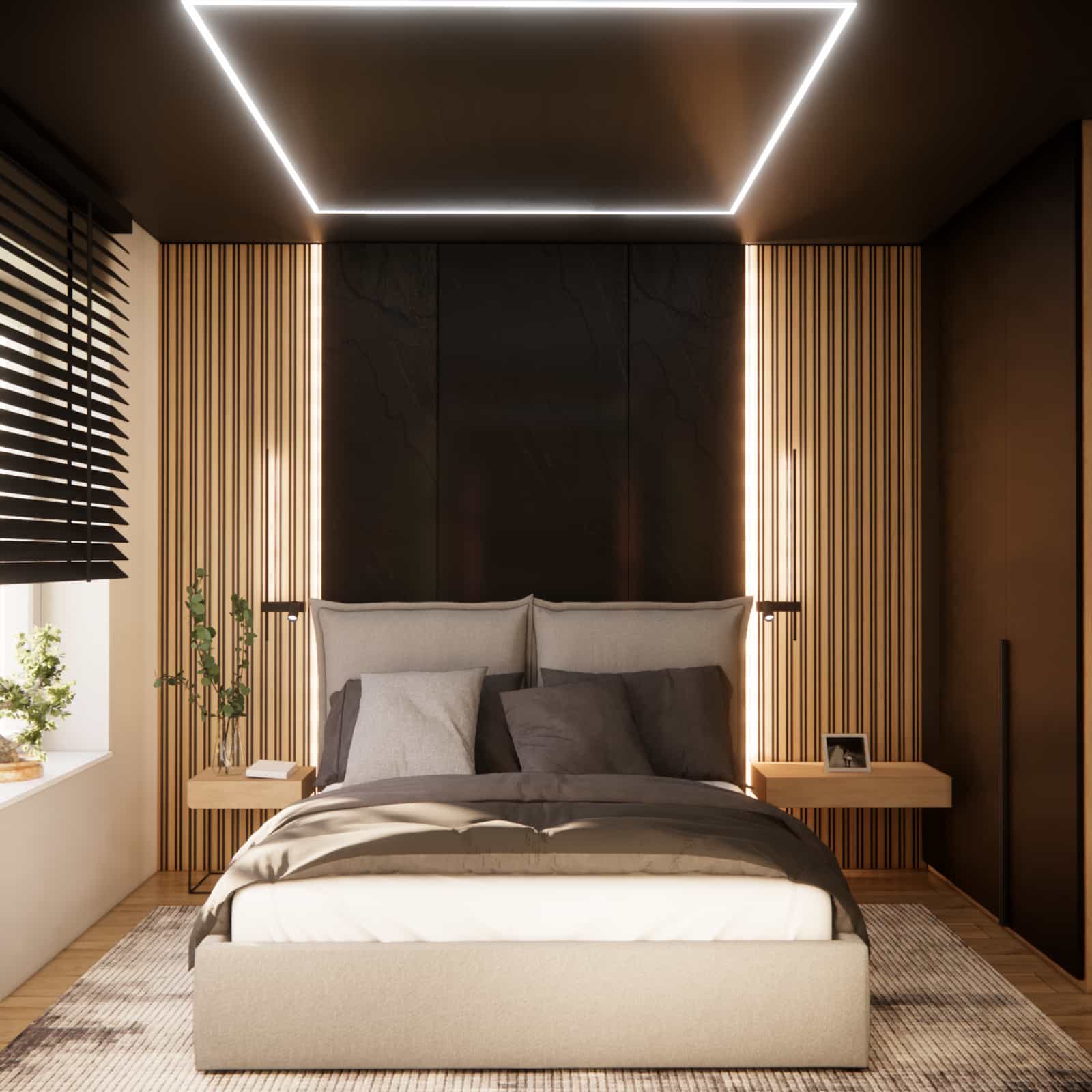 Modern 10 sqm bedroom with LED backlit wall, wooden slats and elegant interior design