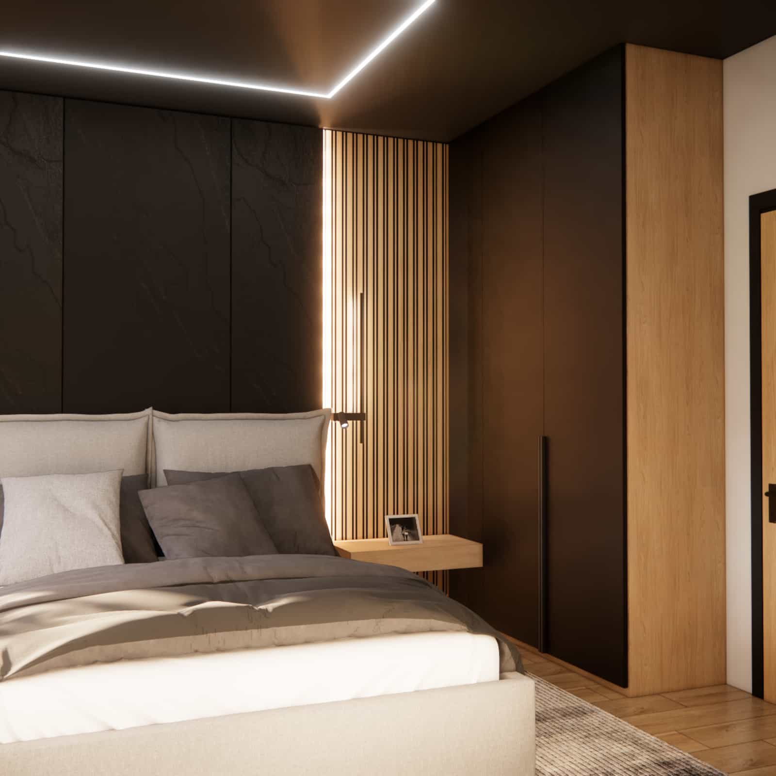 10 sqm bedroom interior design with built-in wardrobe, bed and modern LED lighting