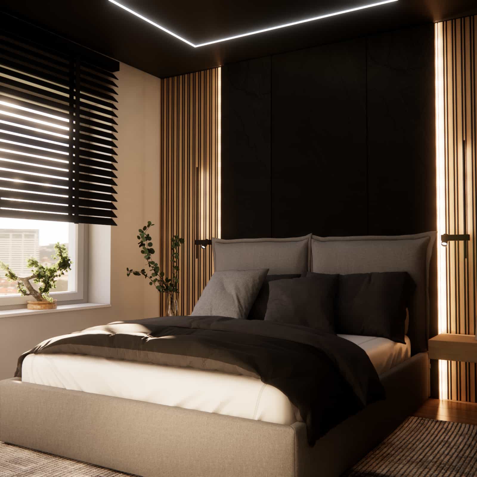 Feature wall behind the bed with wooden slats and LED lighting in a small 10 sqm bedroom