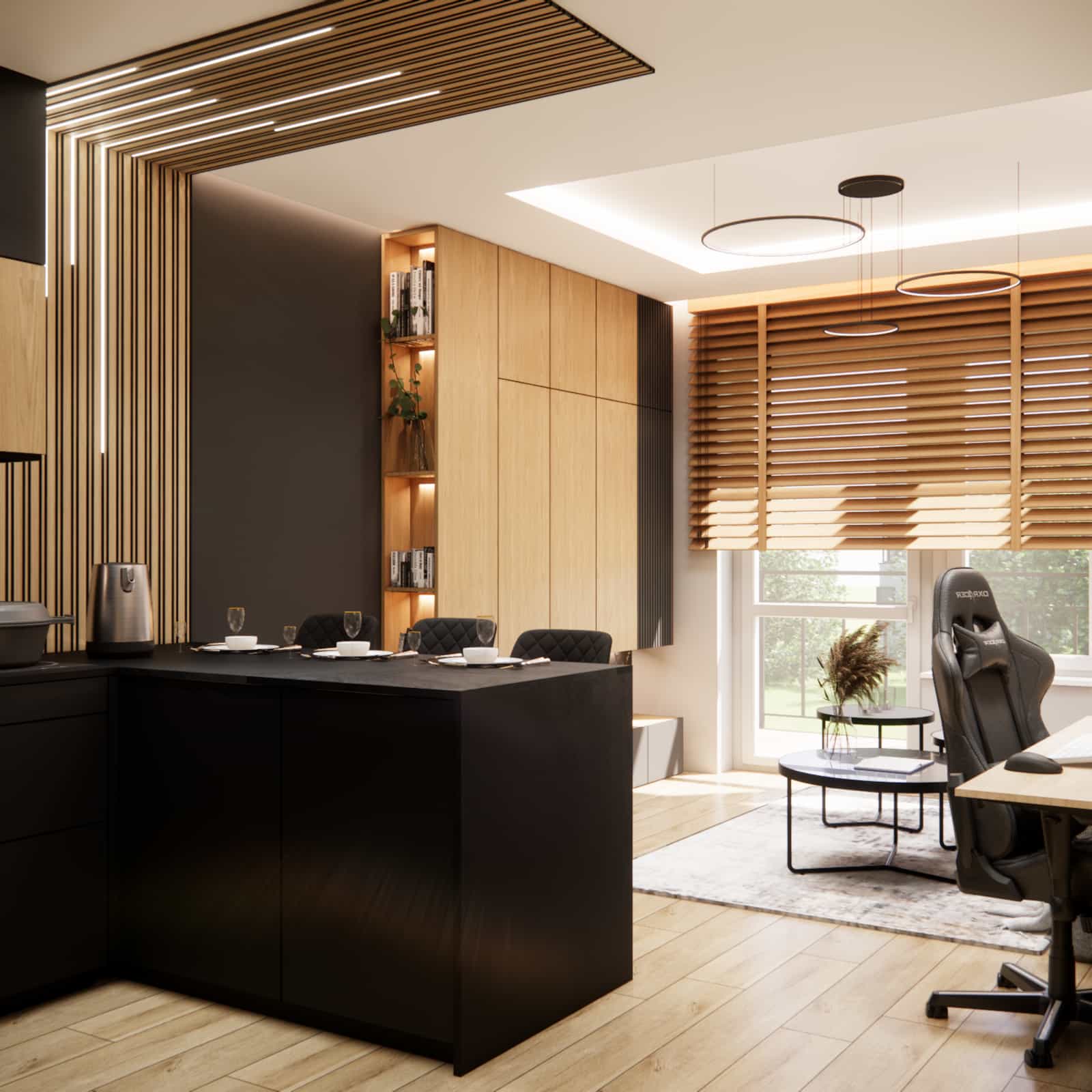 Salon z aneksem kuchennym 20m2 w nowoczesnym stylu z czarną kuchnią i drewnianą zabudową