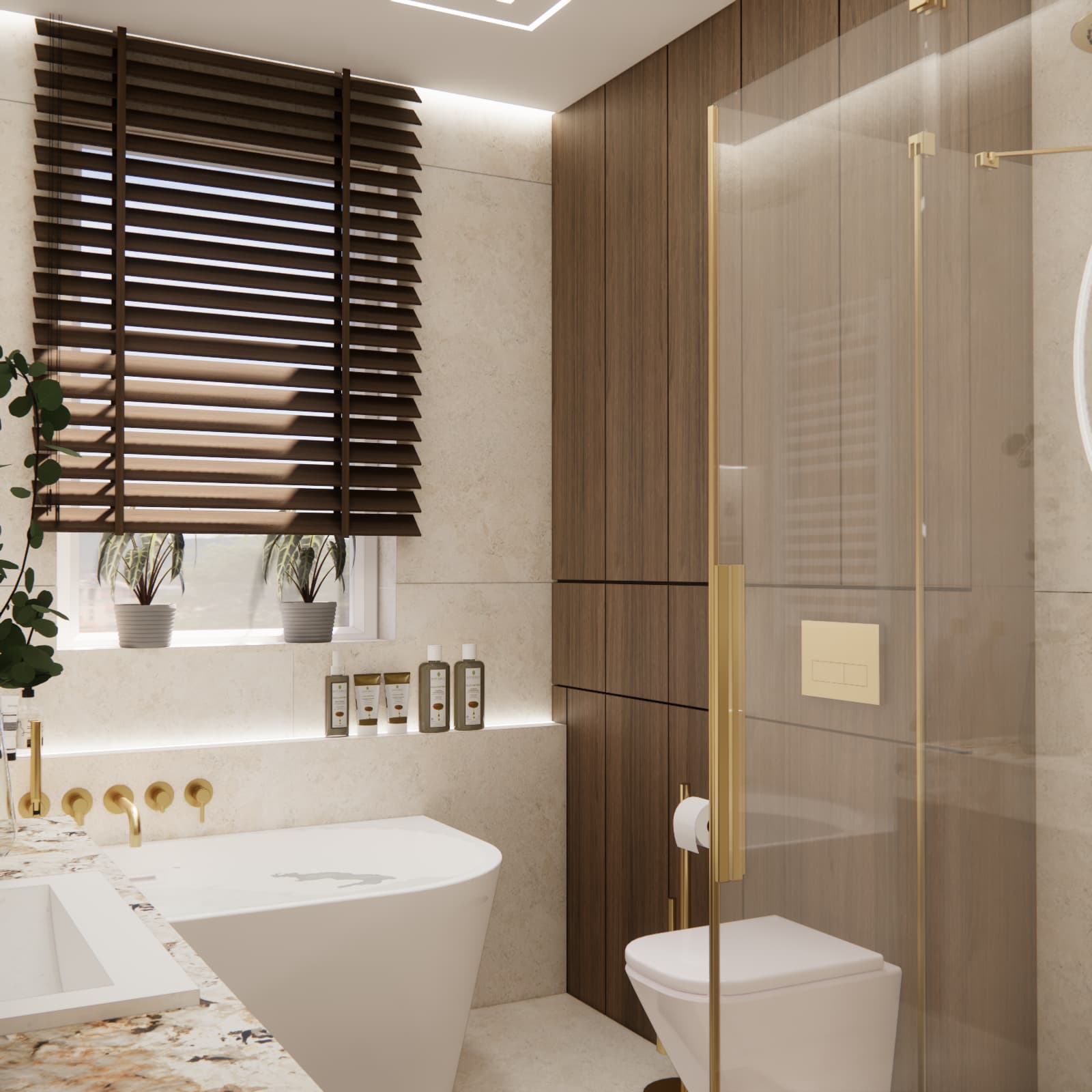 Small bathroom design with a bathtub, glass shower and gold profiles